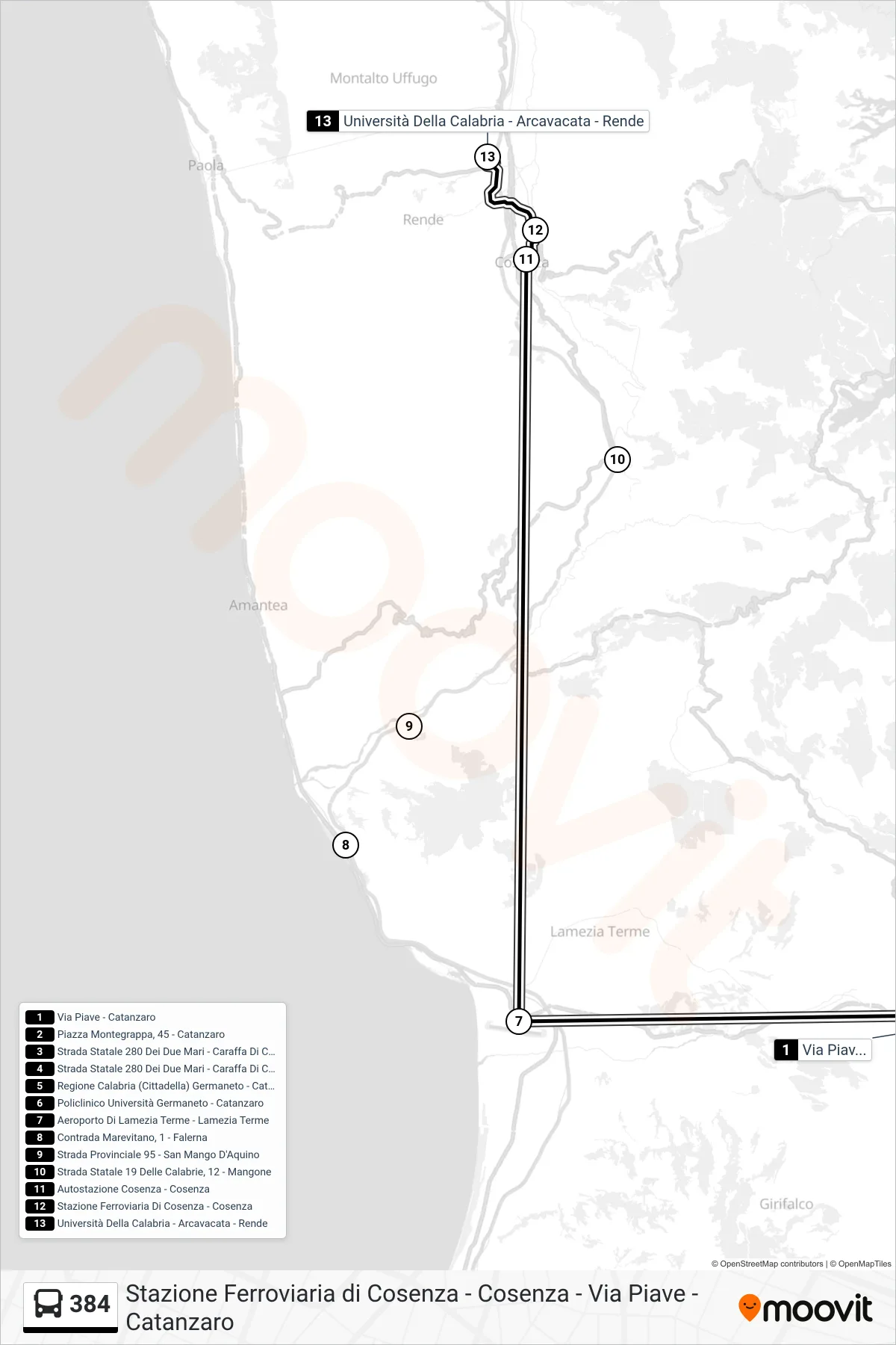 Linea 384  bus (Via Pietro Bucci - Rende) - Percorsi e fermate sulla mappa