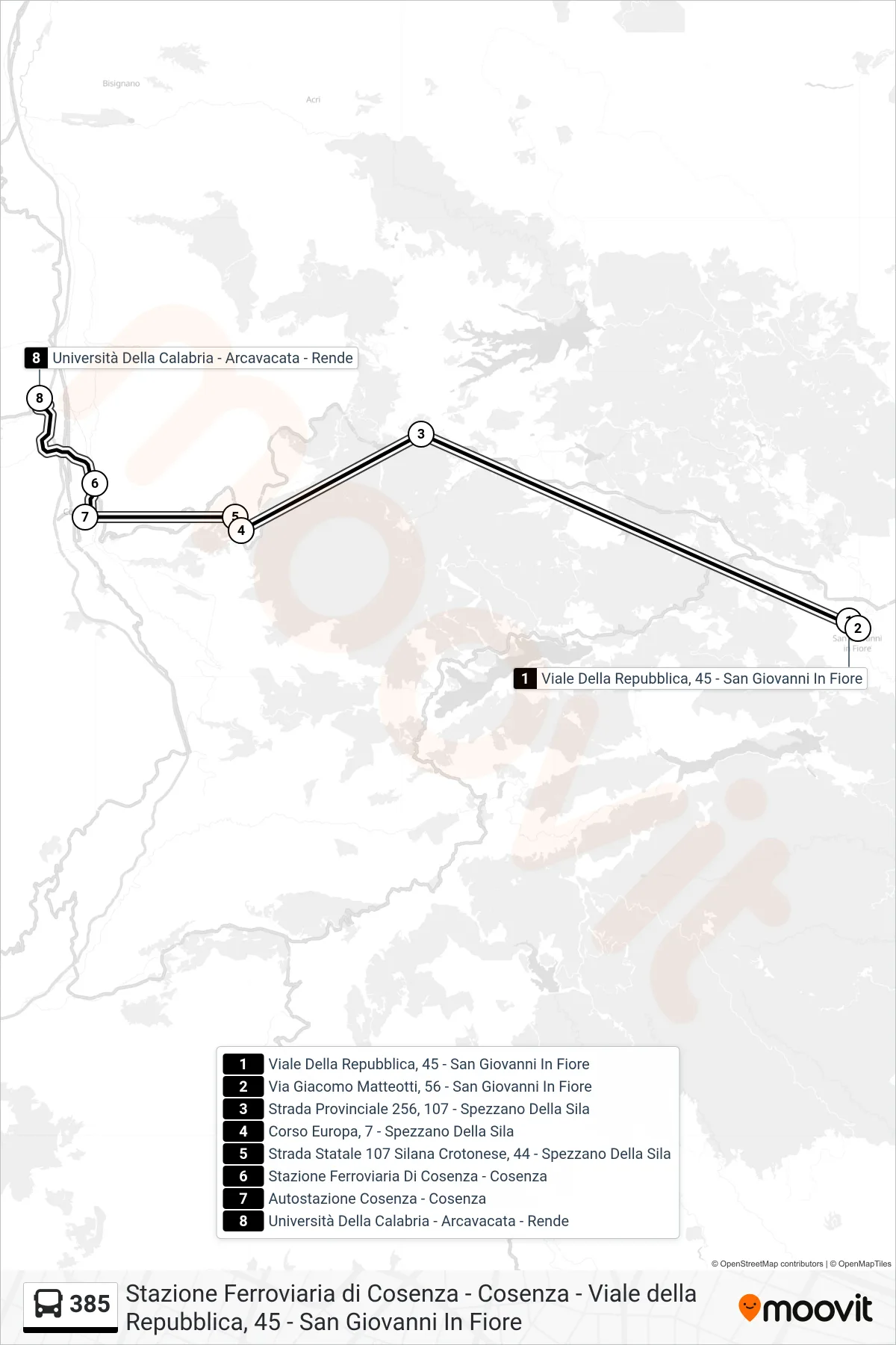 Linea 385 bus (Via Pietro Bucci - Rende) - Percorsi e fermate sulla mappa