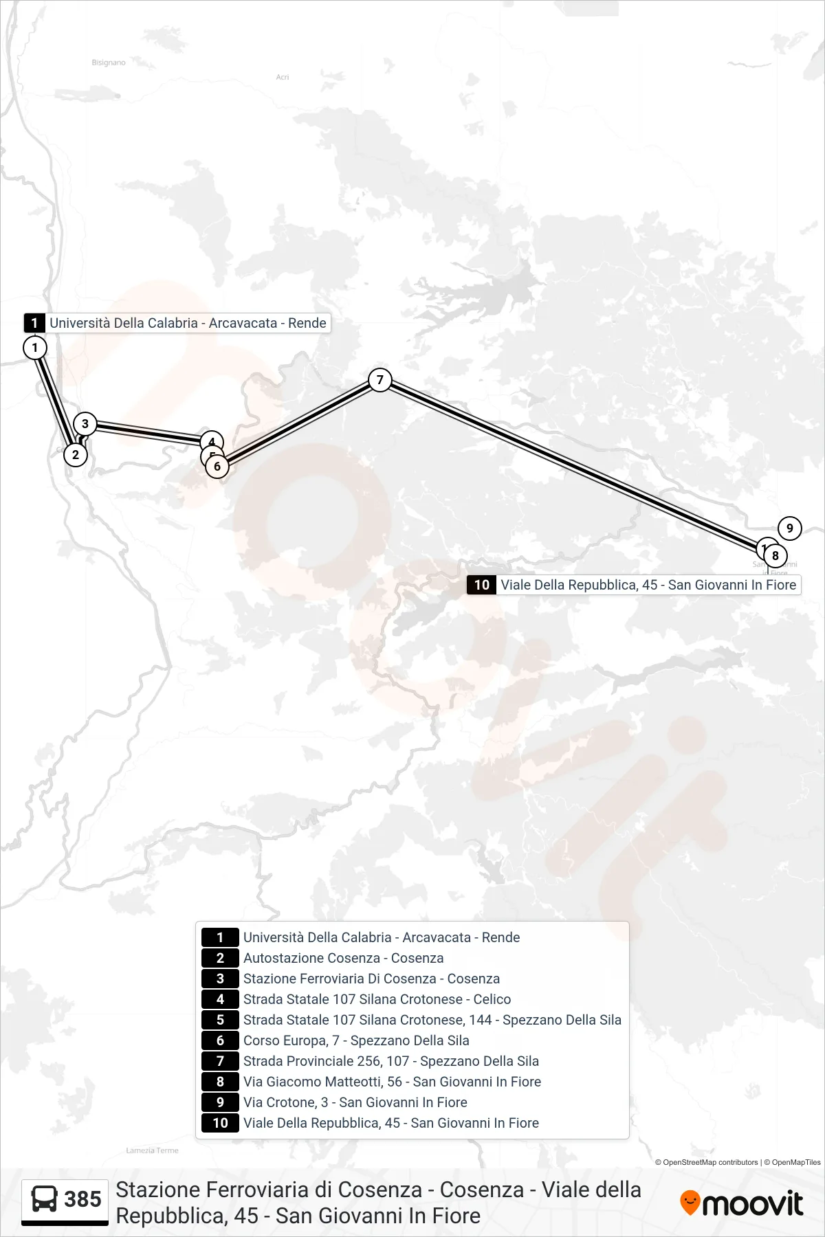 Linea 385 bus (Viale Della Repubblica, 45 - San Giovanni In Fiore) - Percorsi e fermate sulla mappa