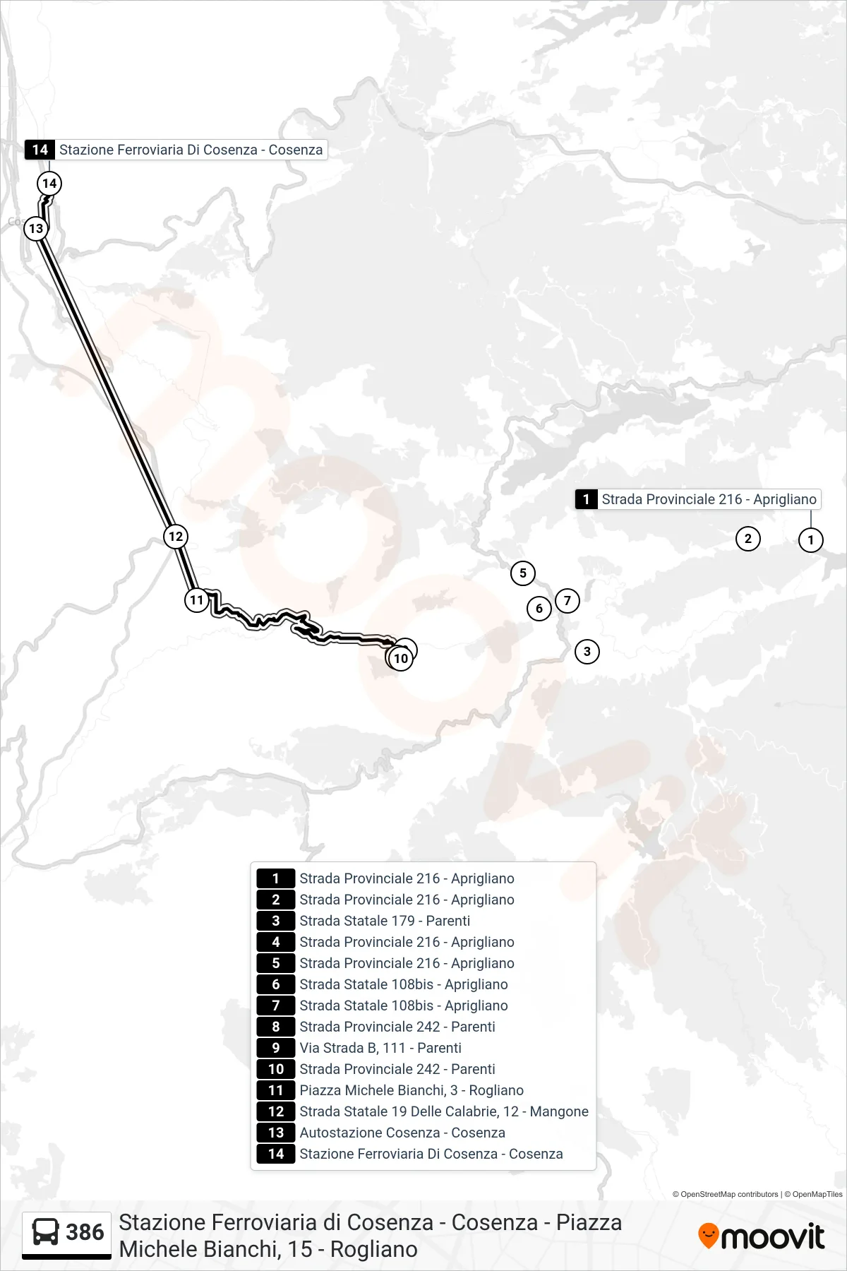 Linea 386 bus (Stazione Ferroviaria Di Cosenza - Cosenza) - Percorsi e fermate sulla mappa