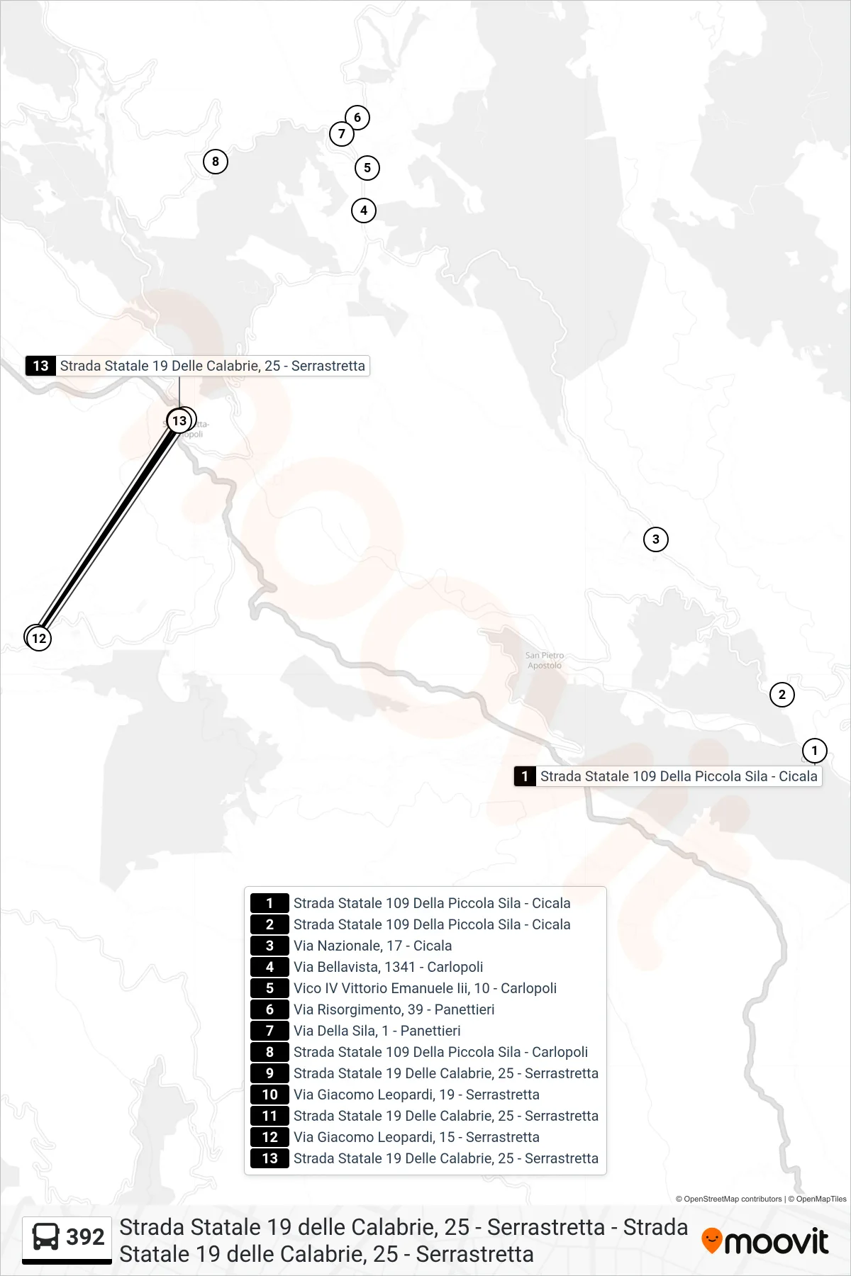 Linea 392 bus (Strada Statale 19 Delle Calabrie, 25 - Serrastretta) - Percorsi e fermate sulla mappa