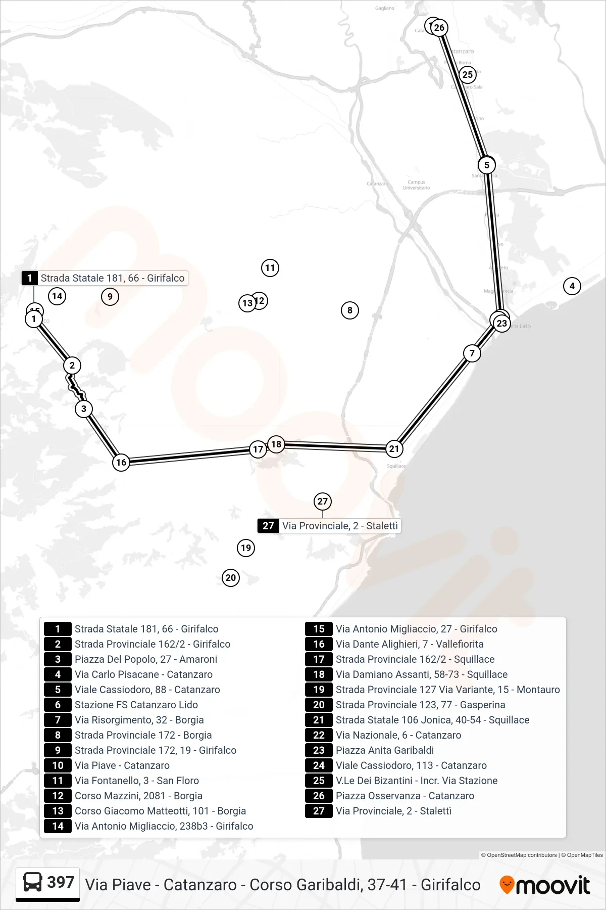 Linea 397 bus (Via Piave - Catanzaro) - Percorsi e fermate sulla mappa