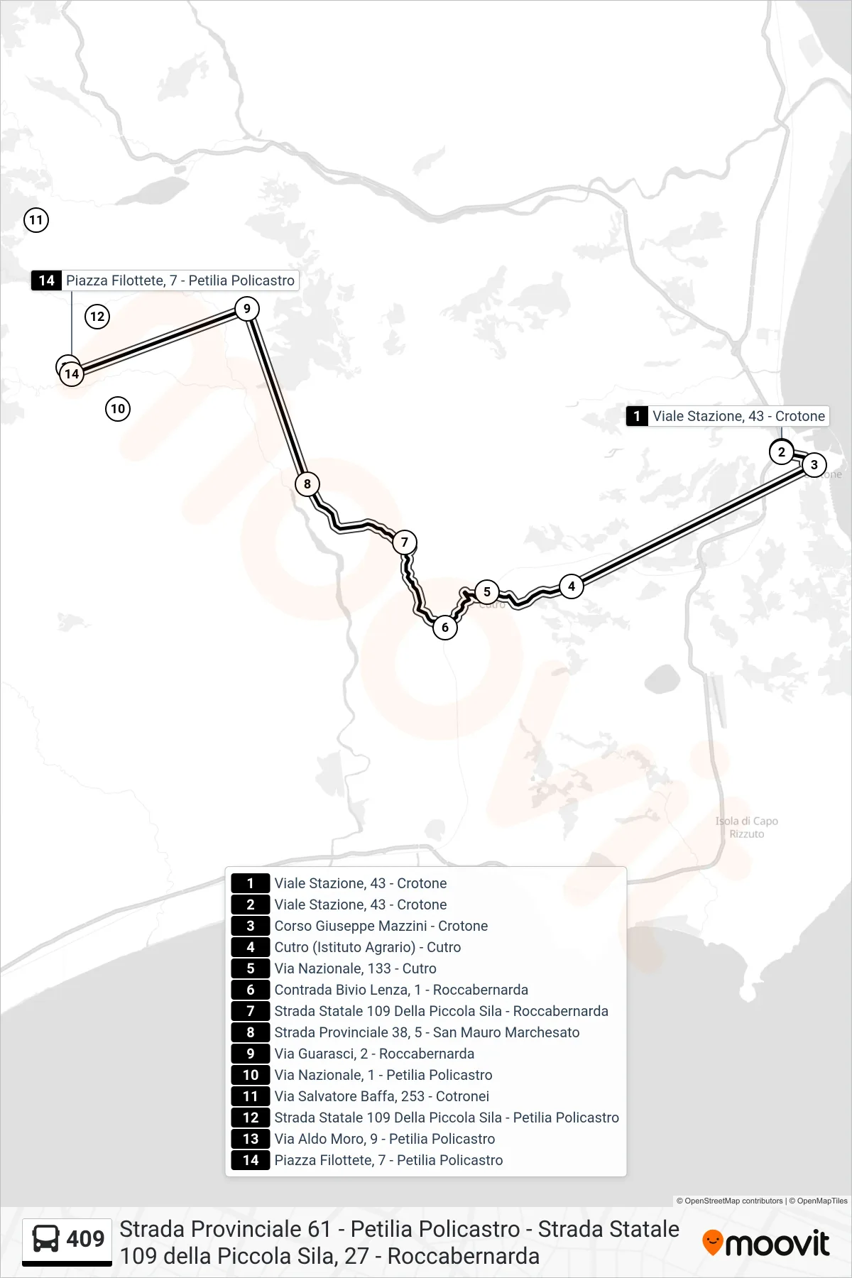 Linea 409 bus (Piazza Filottete, 7 - Petilia Policastro) - Percorsi e fermate sulla mappa