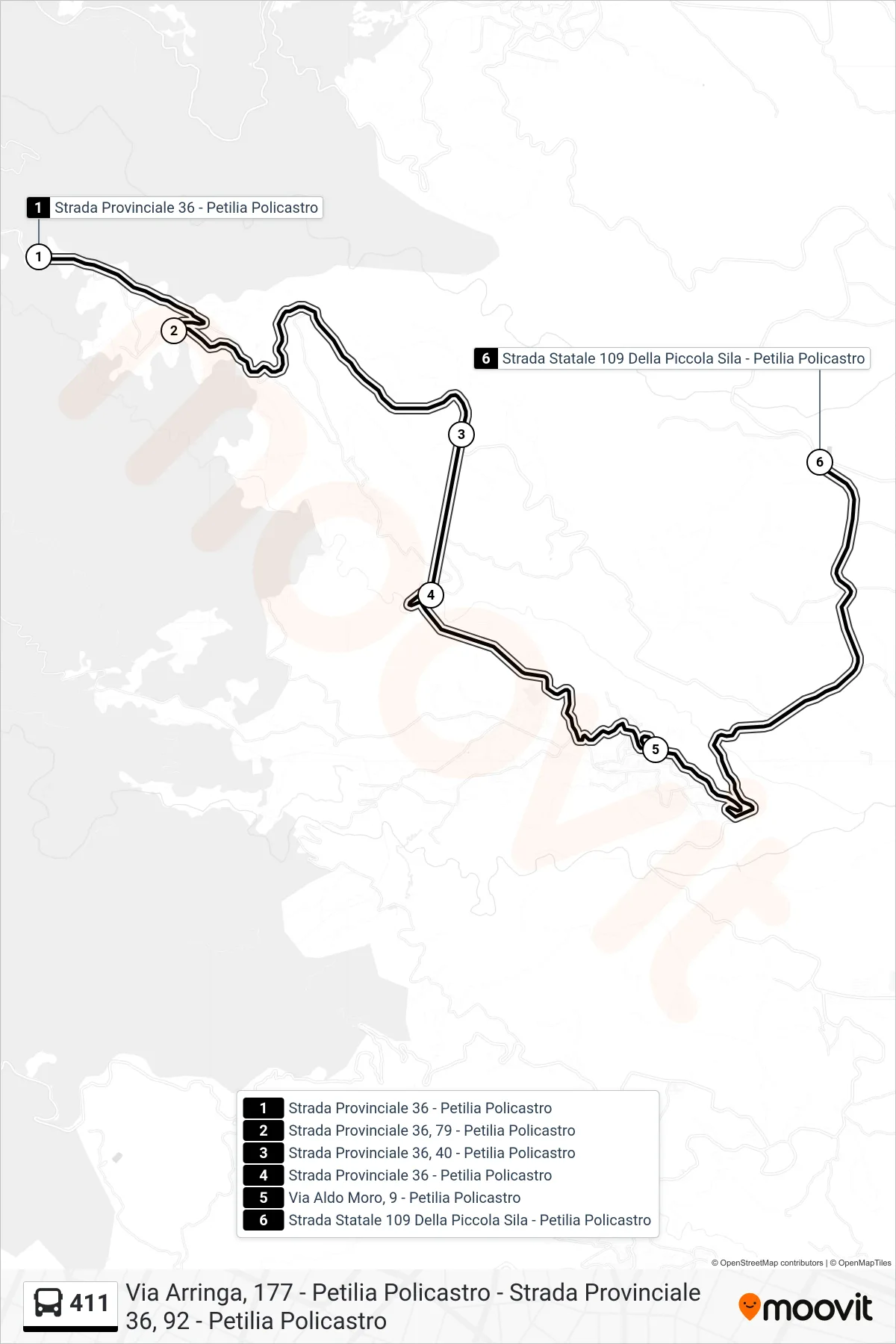 Linea 411 bus (Strada Statale 109 Della Piccola Sila - Petilia Policastro) - Percorsi e fermate sulla mappa