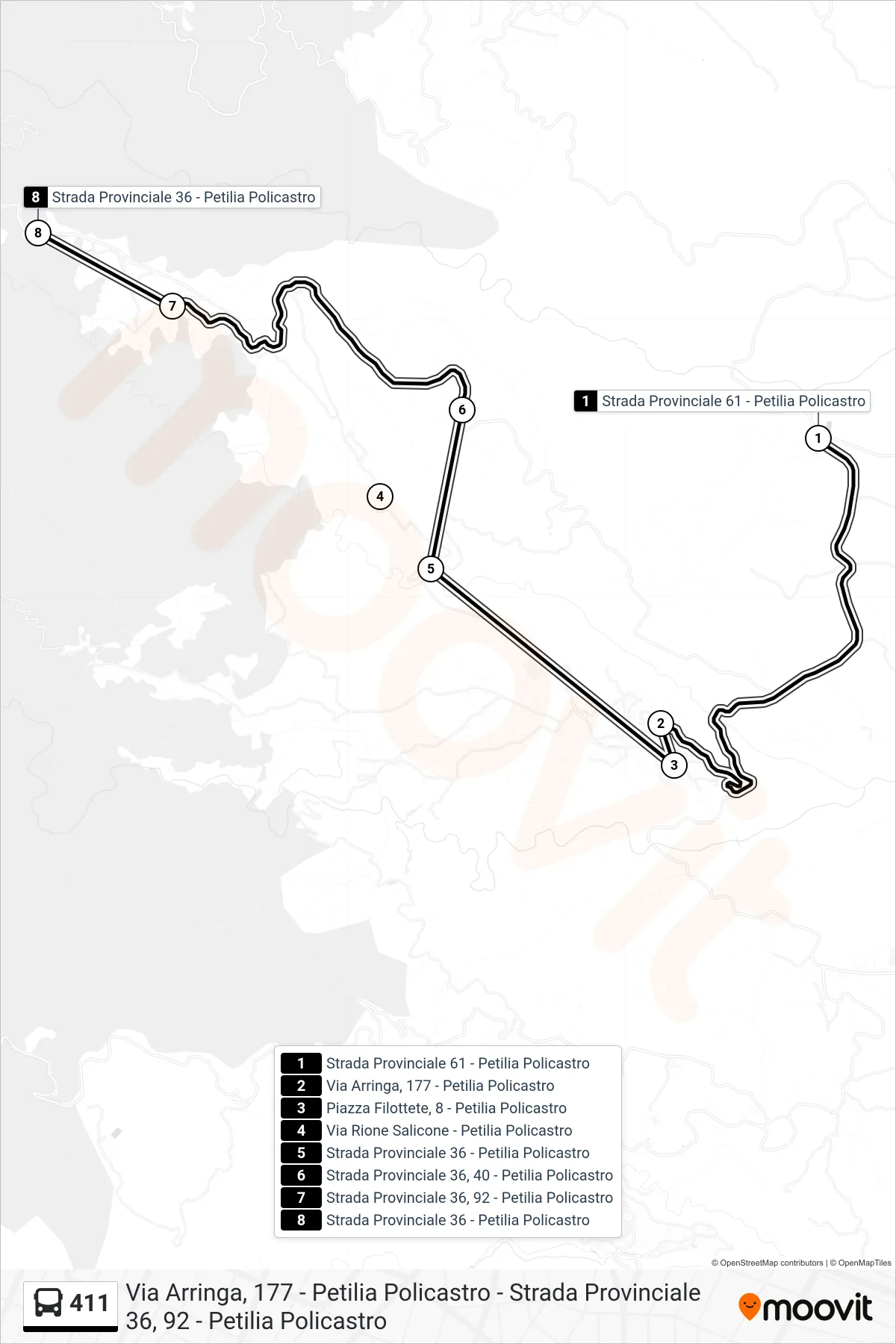 Linea 411 bus (Strada Provinciale 36 - Petilia Policastro) - Percorsi e fermate sulla mappa