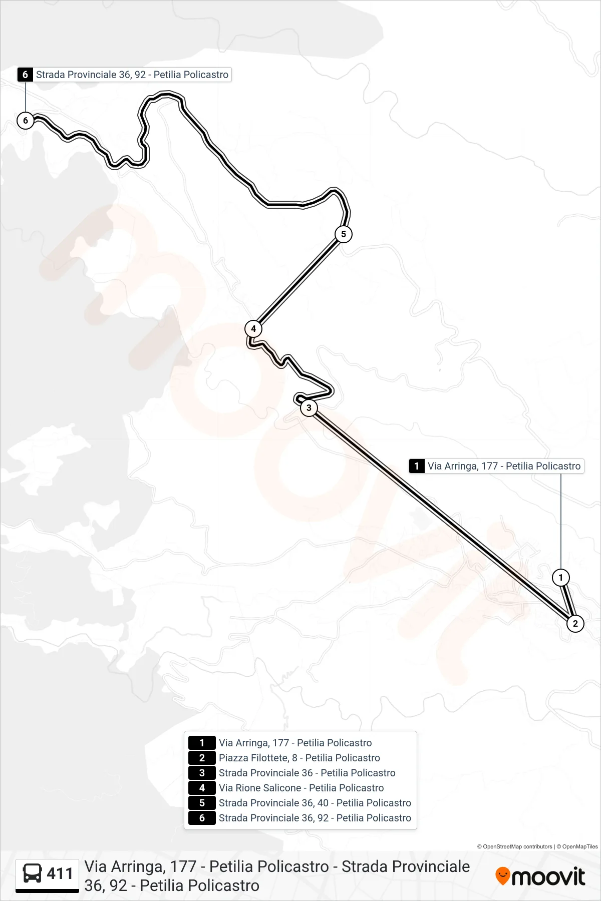 Linea 411 bus (Strada Provinciale 36, 92 - Petilia Policastro) - Percorsi e fermate sulla mappa