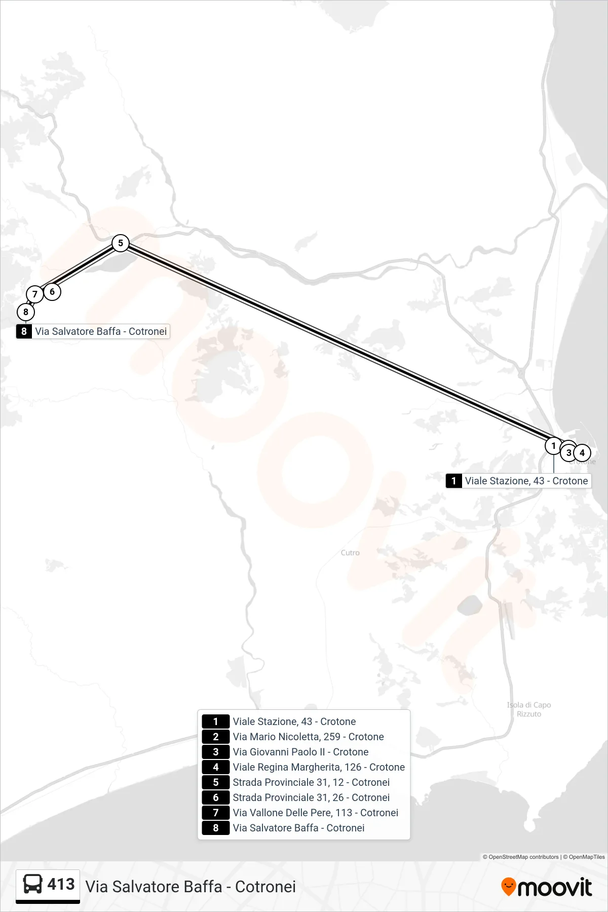 Linea 413  bus (Via Salvatore Baffa - Cotronei) - Percorsi e fermate sulla mappa