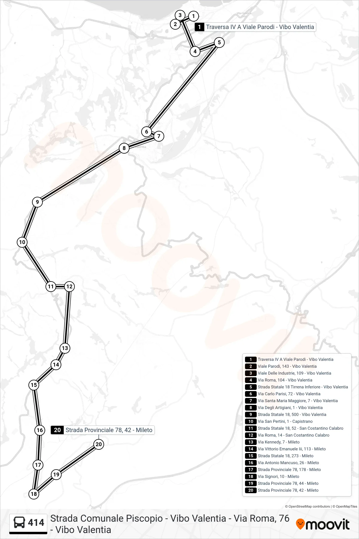 Linea 414 bus (Strada Provinciale 78, 42 - Mileto) - Percorsi e fermate sulla mappa