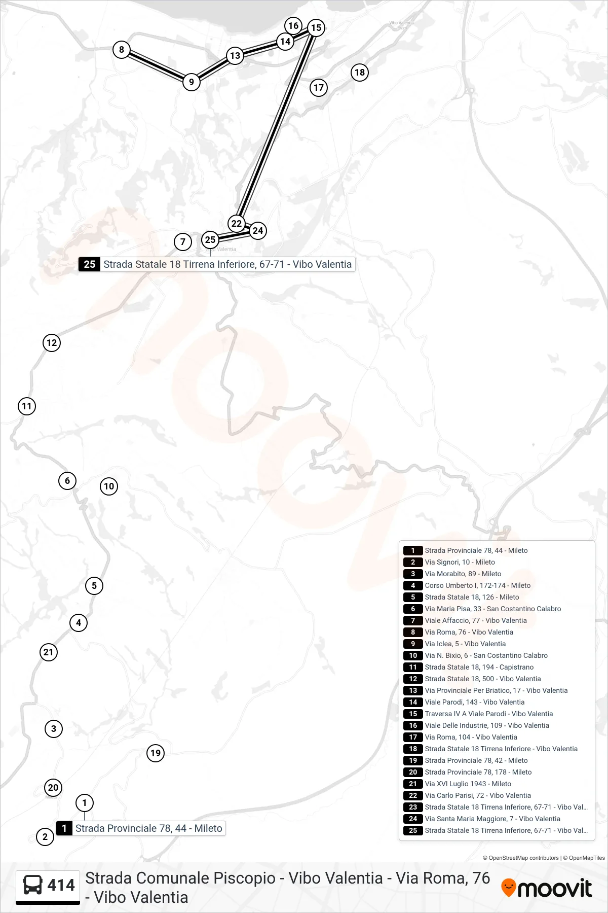 Linea 414  bus (Strada Statale 18 Tirrena Inferiore, 67-71 - Vibo Valentia) - Percorsi e fermate sulla mappa
