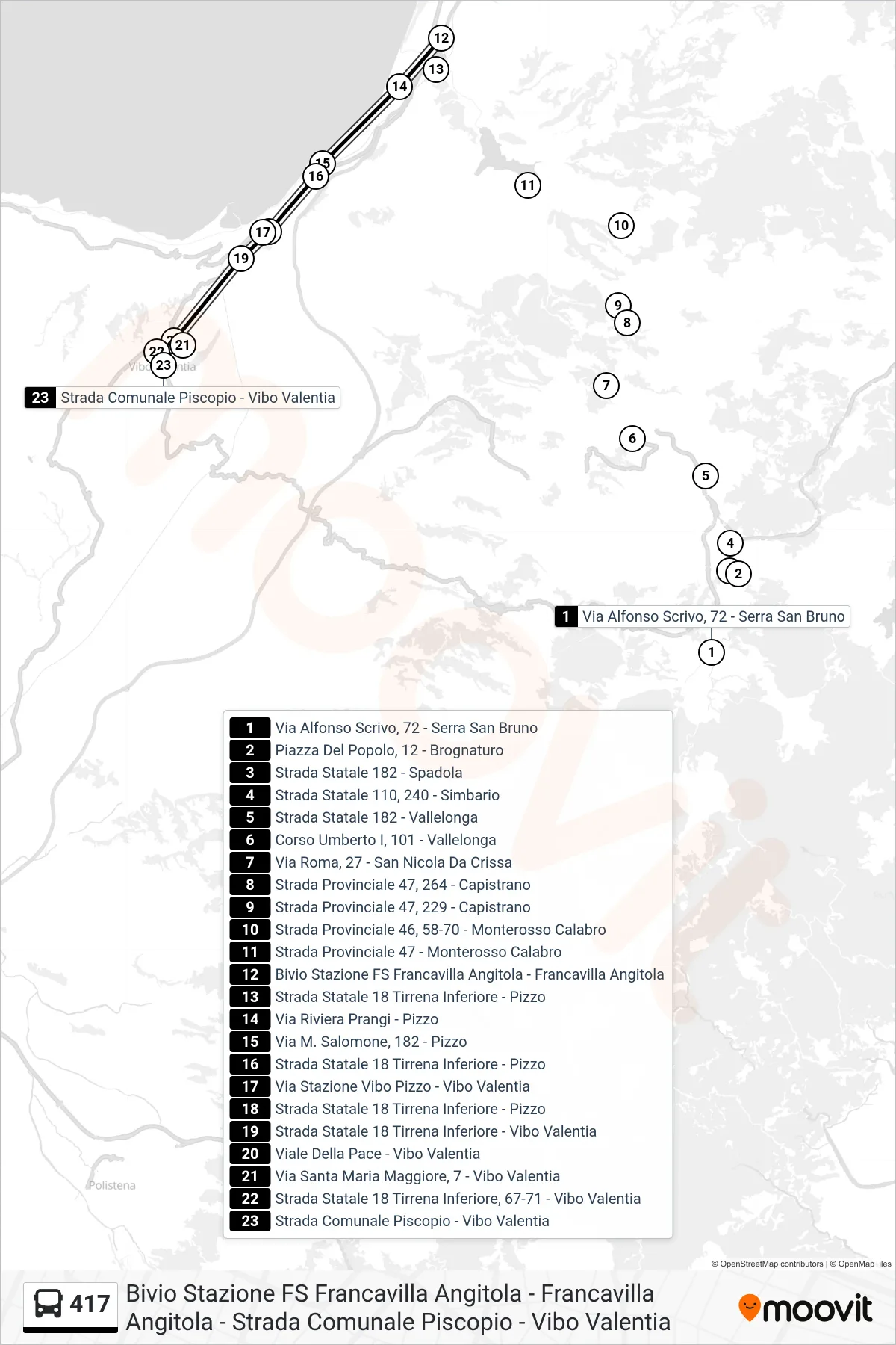 Linea 417  bus (Strada Comunale Piscopio - Vibo Valentia) - Percorsi e fermate sulla mappa
