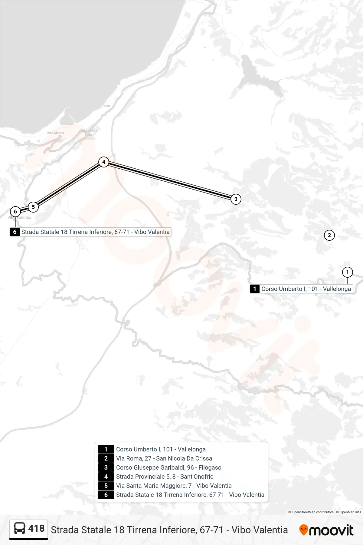Linea 418  bus (Strada Statale 18 Tirrena Inferiore, 67-71 - Vibo Valentia) - Percorsi e fermate sulla mappa
