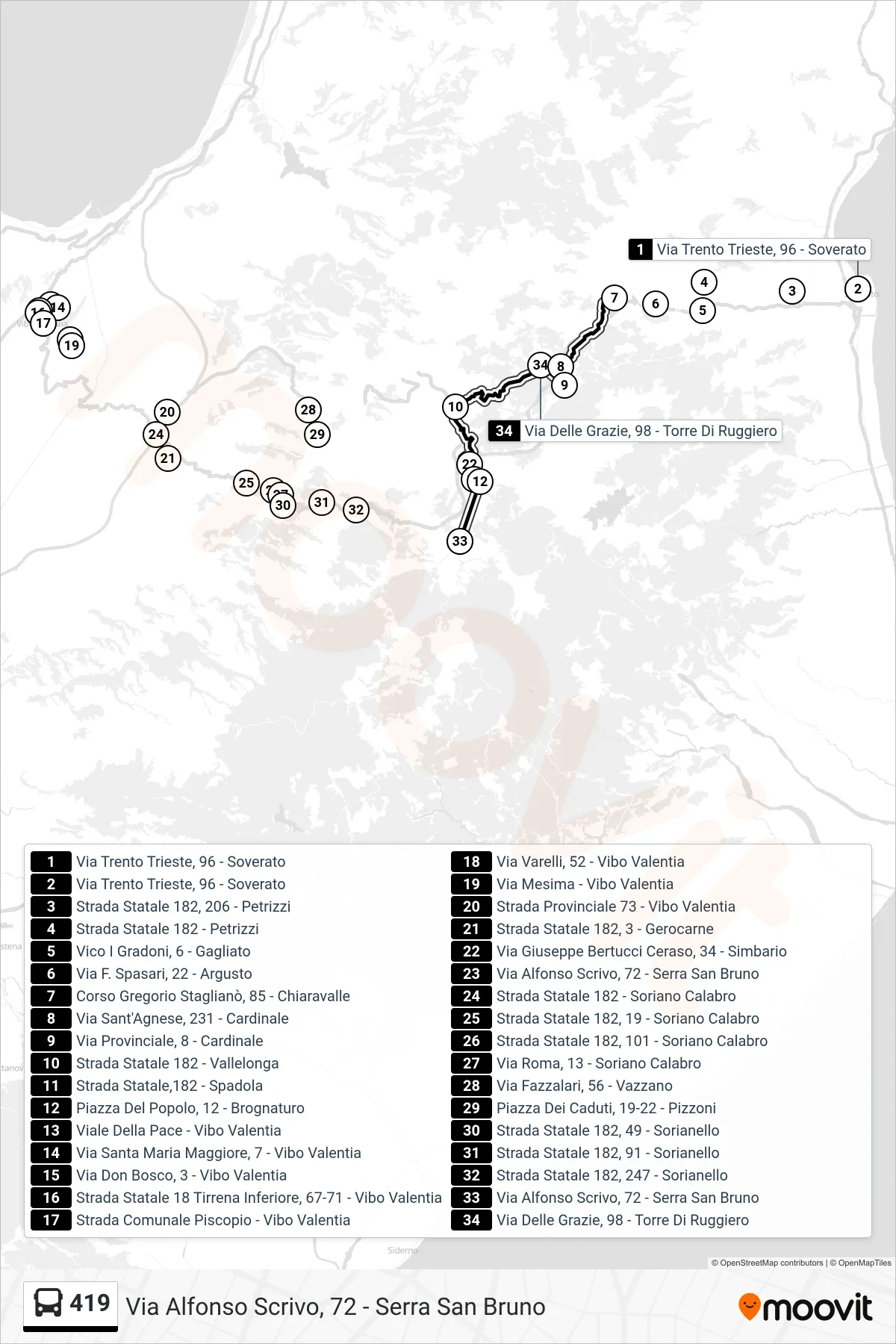 Linea 419  bus (Via Alfonso Scrivo, 72 - Serra San Bruno) - Percorsi e fermate sulla mappa