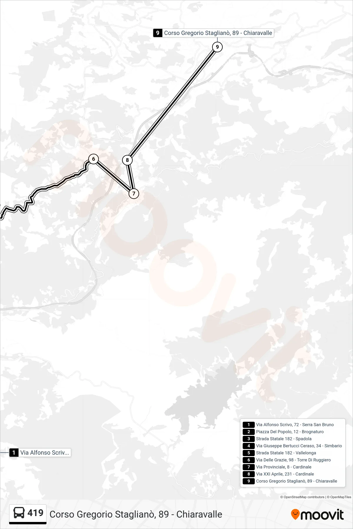 Linea 419 bus (Corso Gregorio Staglianò, 89 - Chiaravalle) - Percorsi e fermate sulla mappa