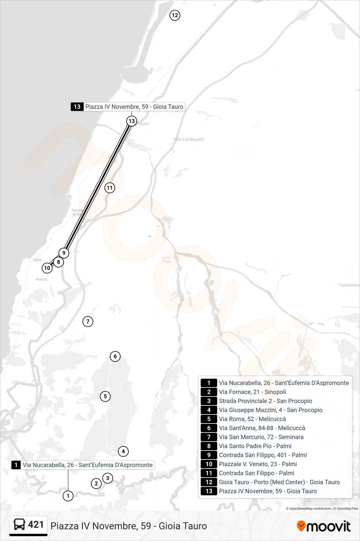 Linea 421 bus (Piazza IV Novembre, 59 - Gioia Tauro) - Percorsi e fermate sulla mappa