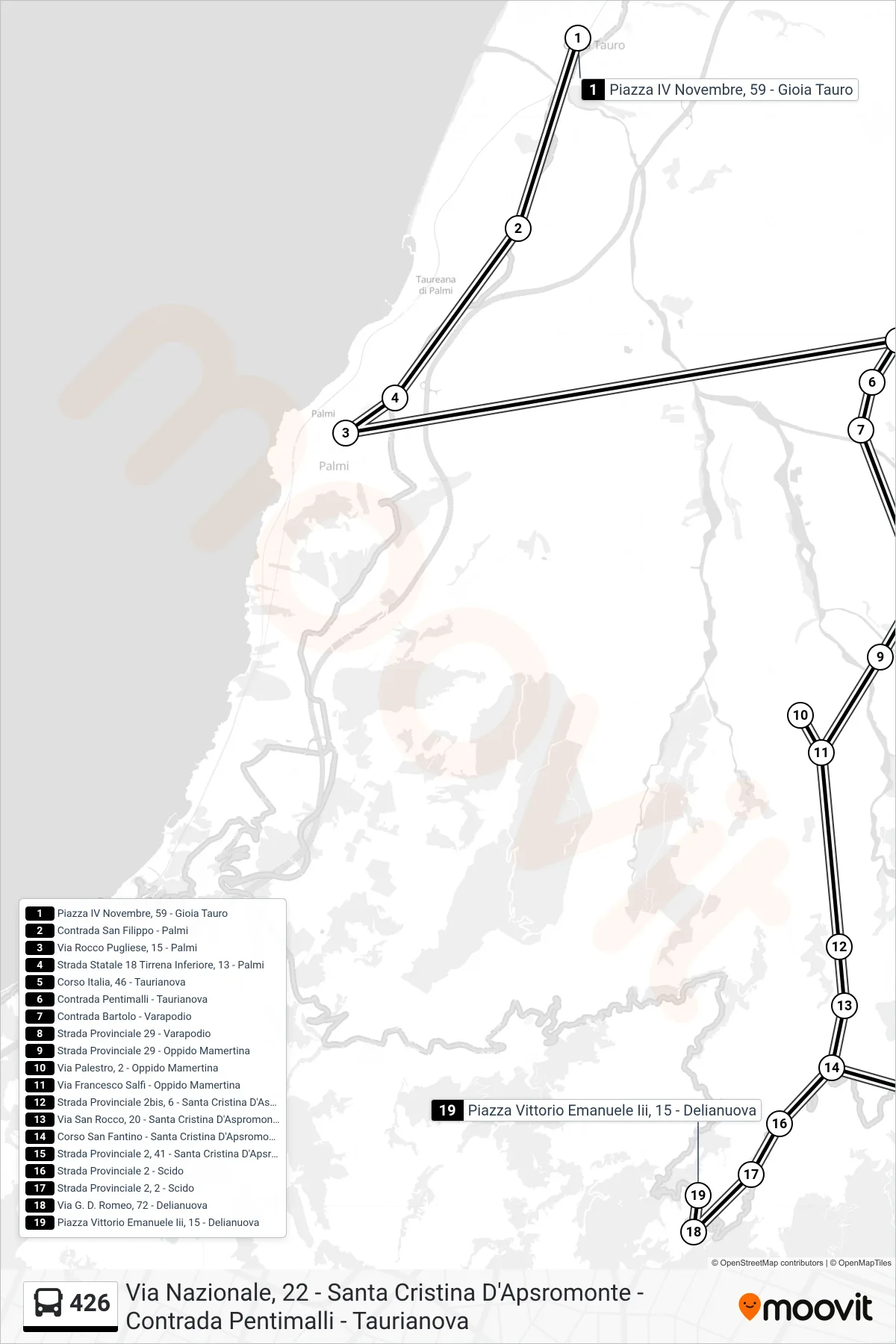 Linea 426  bus (Piazza Vittorio Emanuele Iii, 15 - Delianuova) - Percorsi e fermate sulla mappa