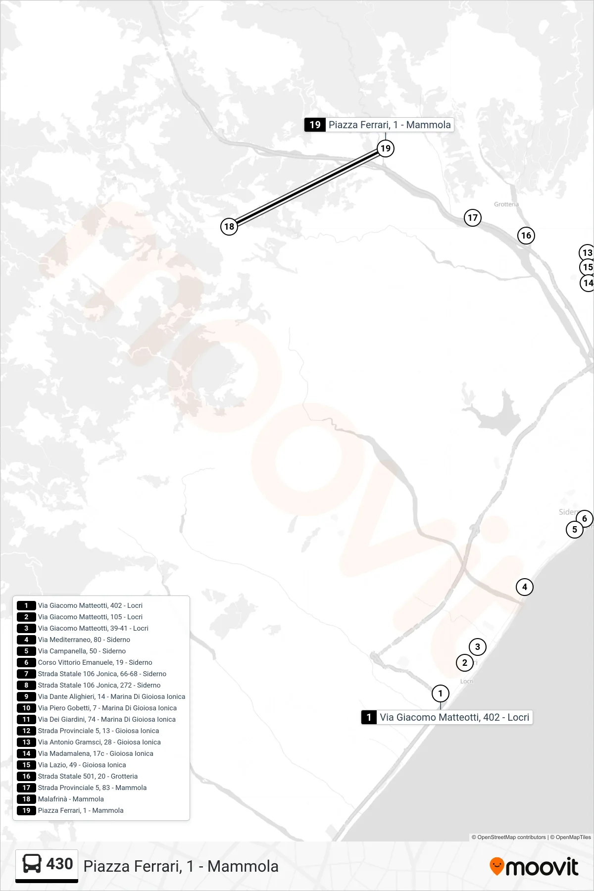 Linea 430 bus (Piazza Ferrari, 1 - Mammola) - Percorsi e fermate sulla mappa