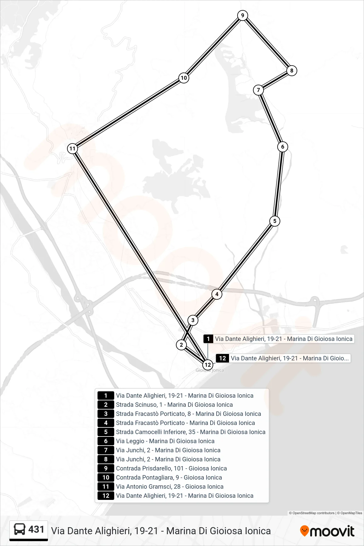 Linea 431  bus (Via Dante Alighieri, 19-21 - Marina Di Gioiosa Ionica) - Percorsi e fermate sulla mappa