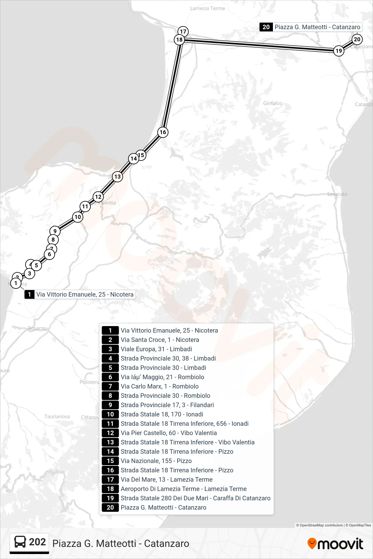 Linea 202  bus (Piazza G. Matteotti - Catanzaro) - Percorsi e fermate sulla mappa