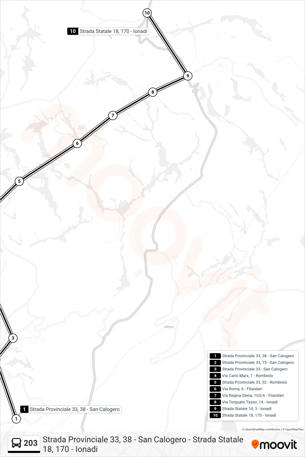 Linea 203  bus (Strada Statale 18, 170 - Ionadi) - Percorsi e fermate sulla mappa