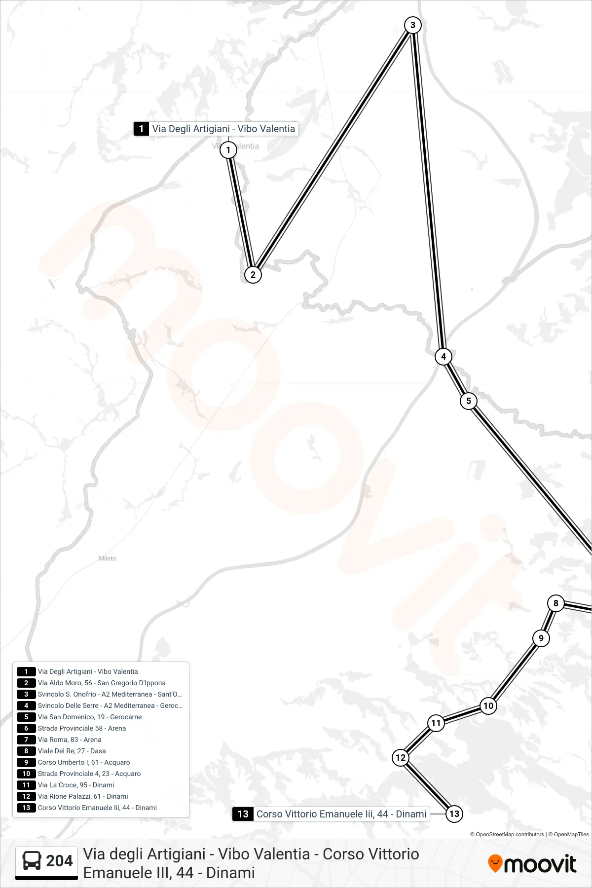 Linea 204  bus (Corso Vittorio Emanuele Iii, 44 - Dinami) - Percorsi e fermate sulla mappa