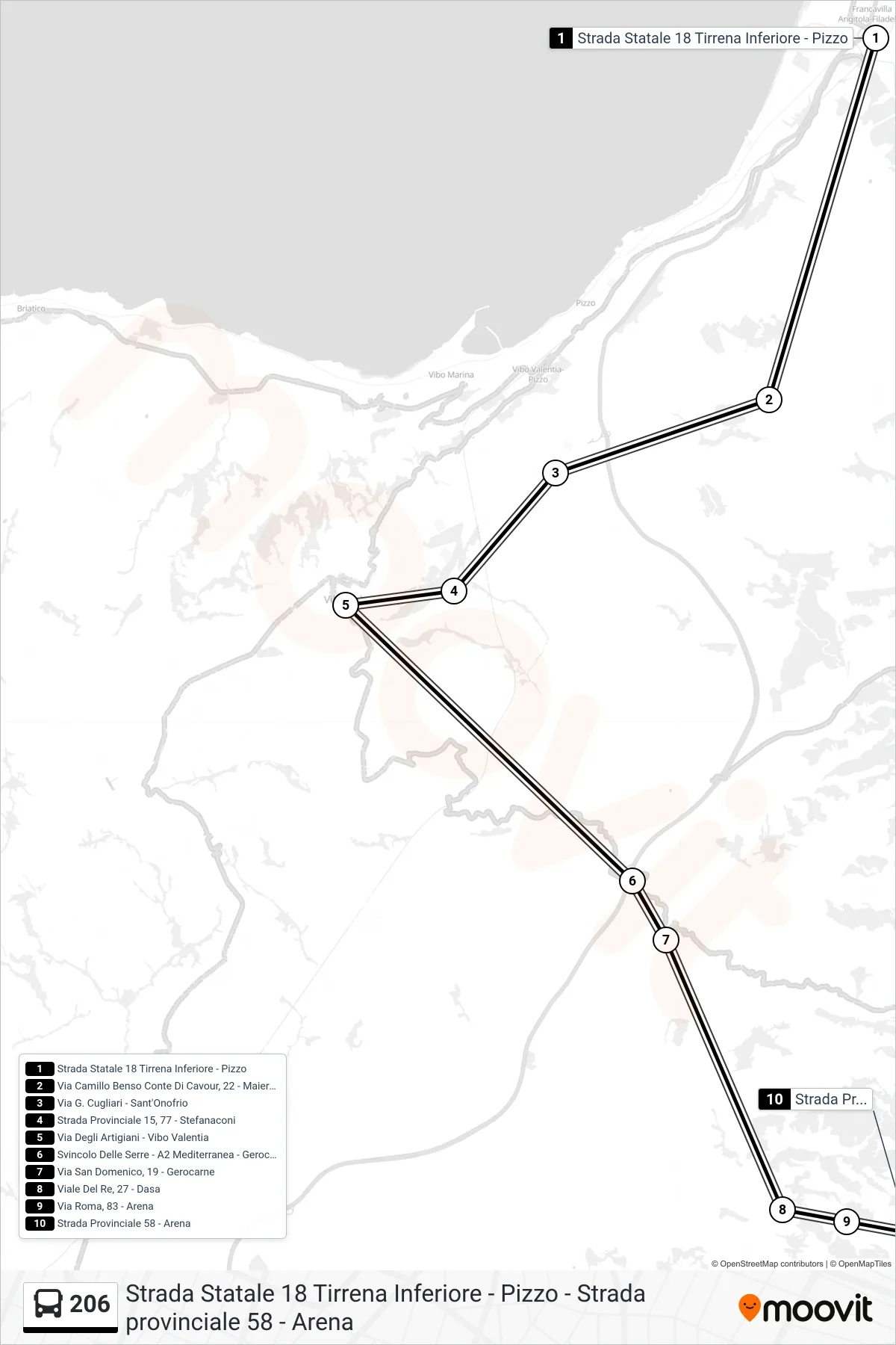 Linea 206 bus (Strada Provinciale 58 - Arena) - Percorsi e fermate sulla mappa