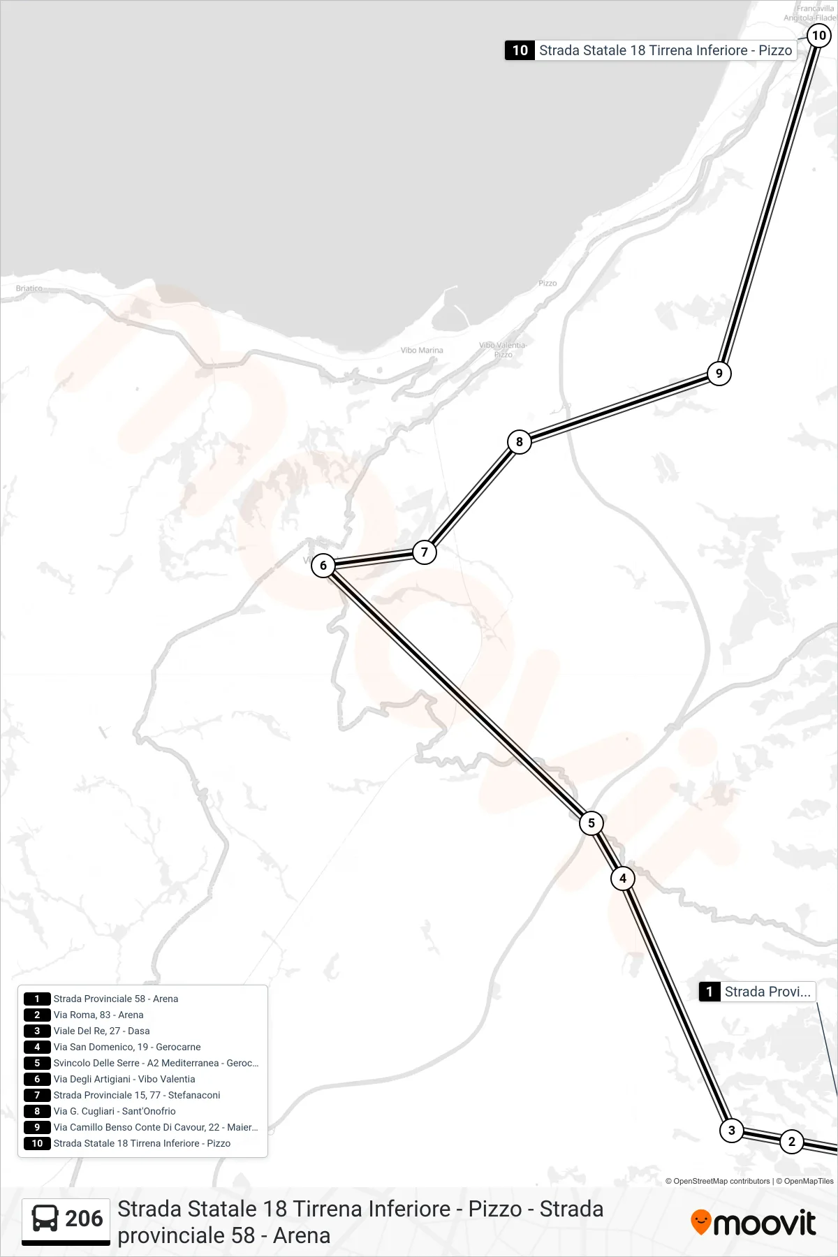 Linea 206 bus (Strada Statale 18 Tirrena Inferiore - Pizzo) - Percorsi e fermate sulla mappa