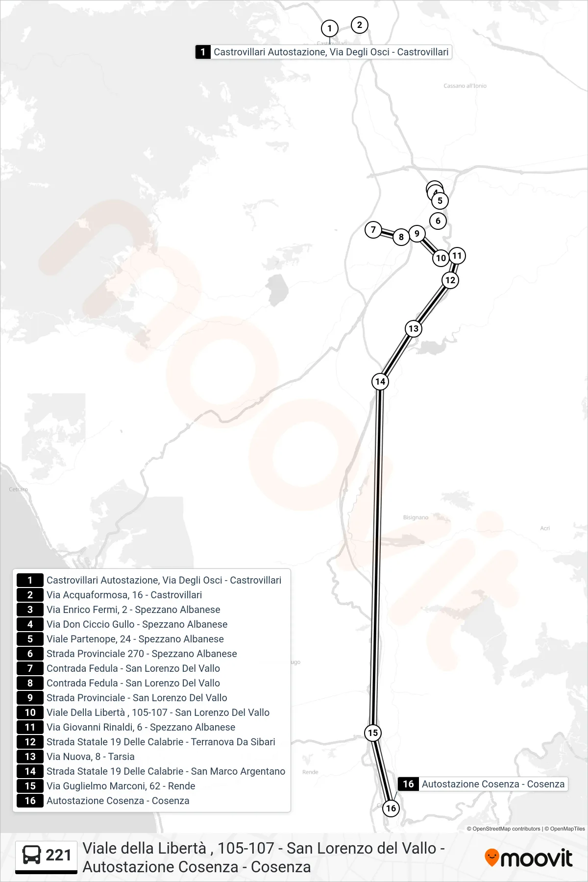 Linea 221 bus (Autostazione Cosenza - Cosenza) - Percorsi e fermate sulla mappa