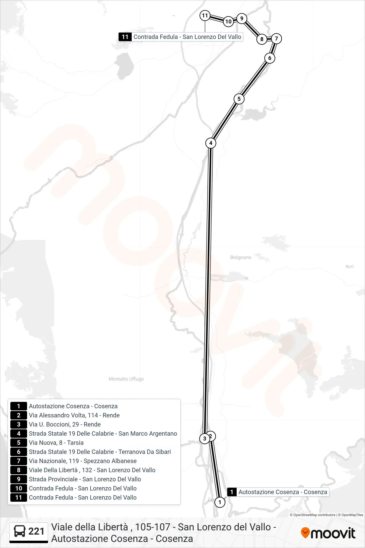 Linea 221 bus (Contrada Fedula - San Lorenzo Del Vallo) - Percorsi e fermate sulla mappa
