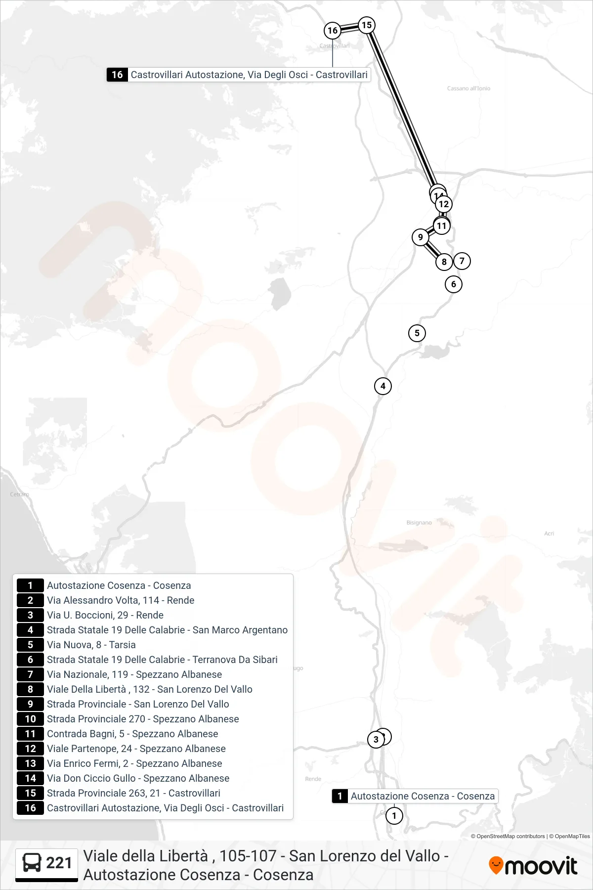 Linea 221  bus (Castrovillari Autostazione, Via Degli Osci - Castrovillari) - Percorsi e fermate sulla mappa