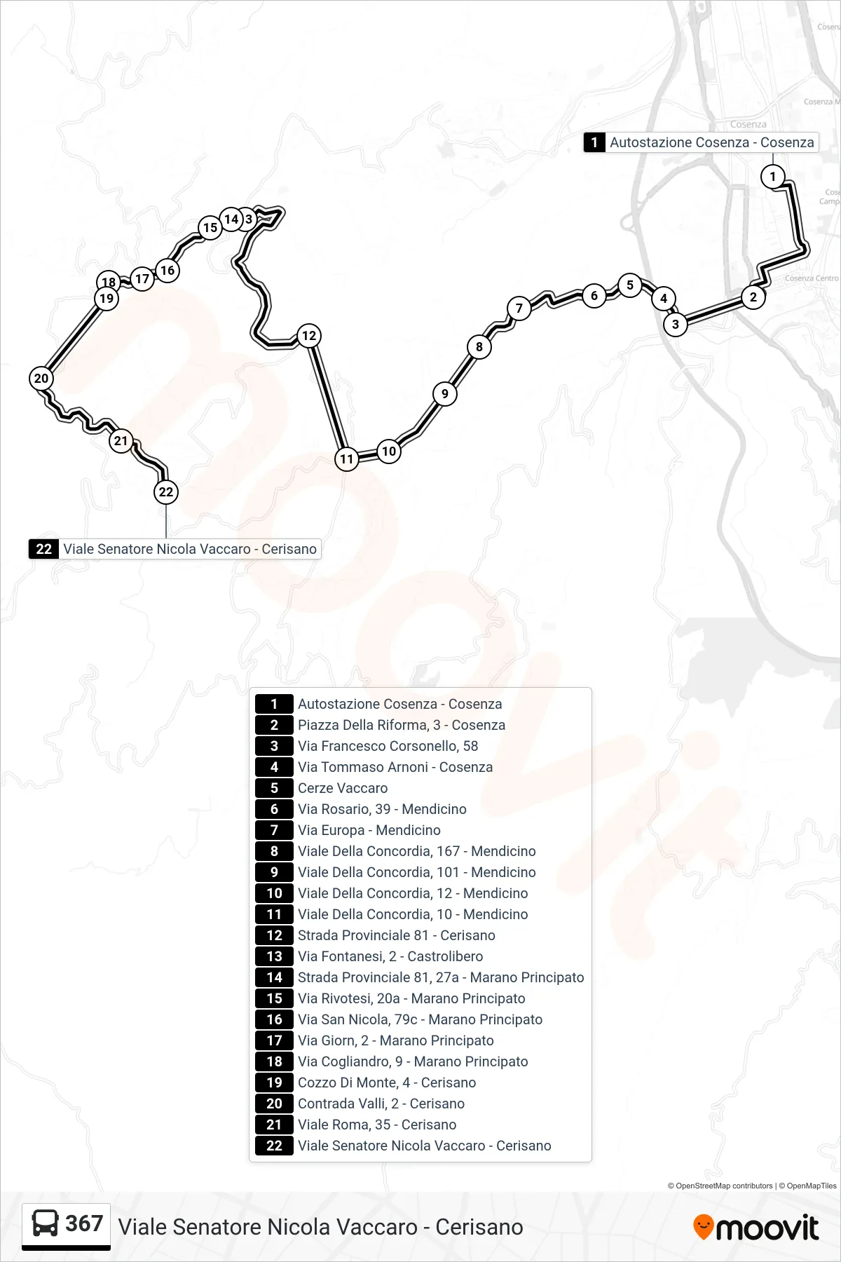 Linea 367 bus (Viale Senatore Nicola Vaccaro - Cerisano) - Percorsi e fermate sulla mappa
