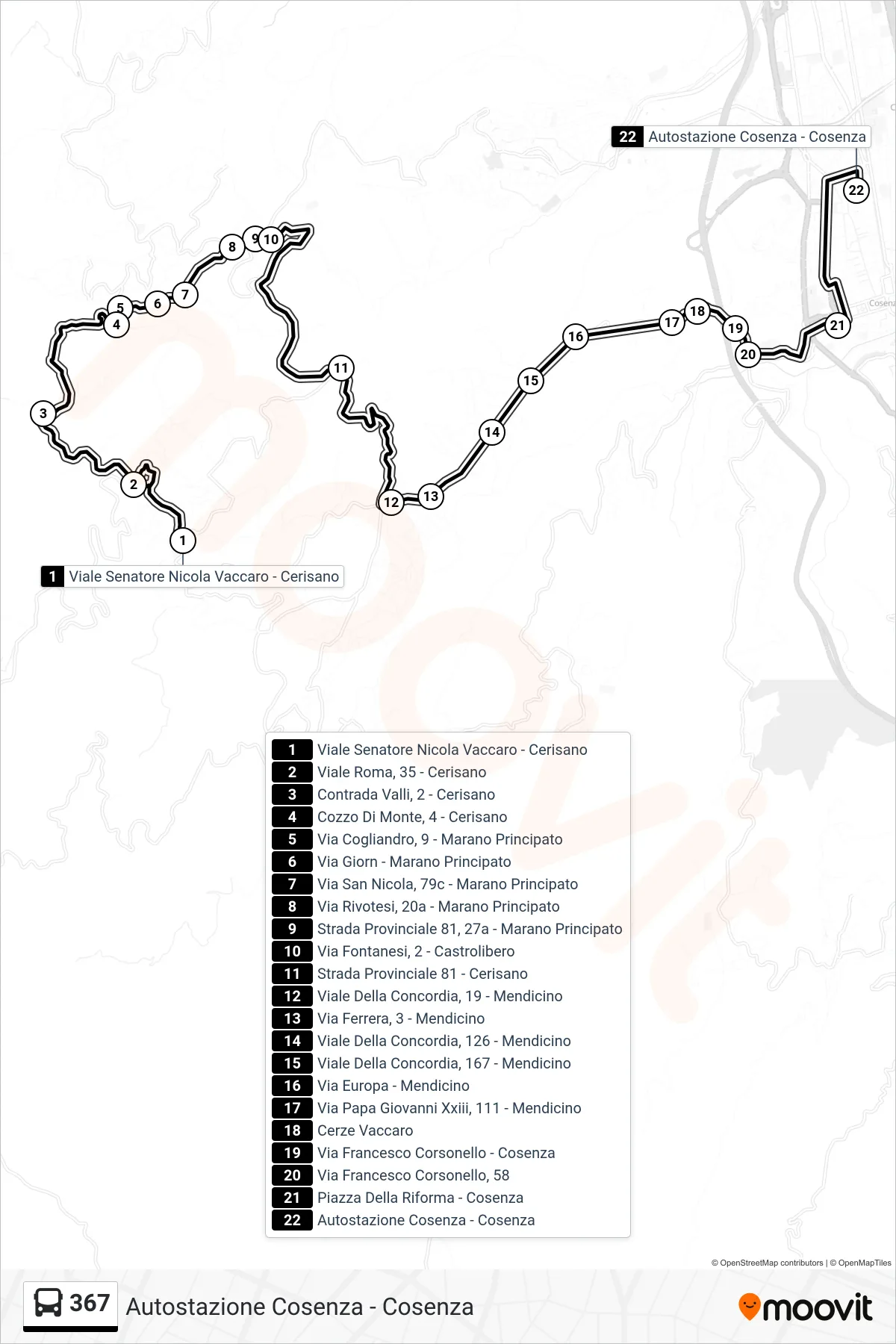 Linea 367  bus (Autostazione Cosenza - Cosenza) - Percorsi e fermate sulla mappa
