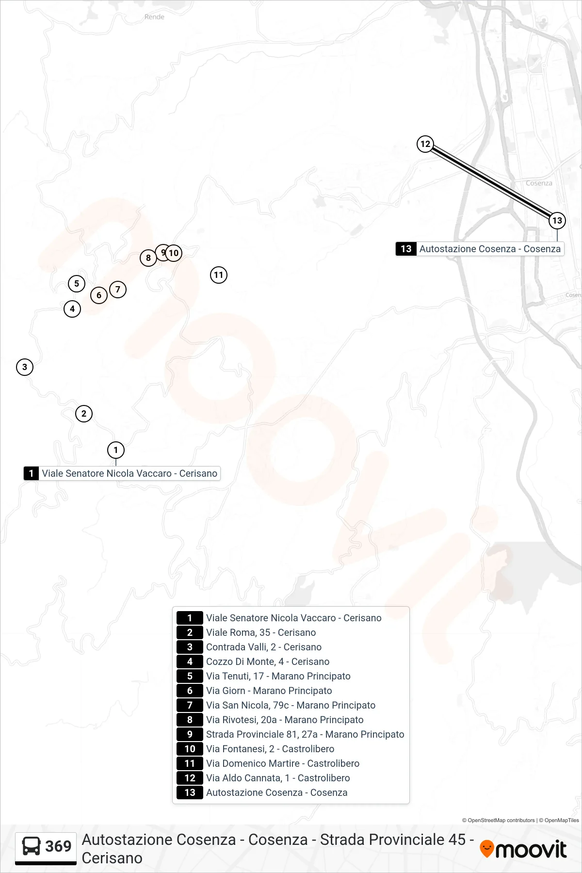 Linea 369  bus (Autostazione Cosenza - Cosenza) - Percorsi e fermate sulla mappa