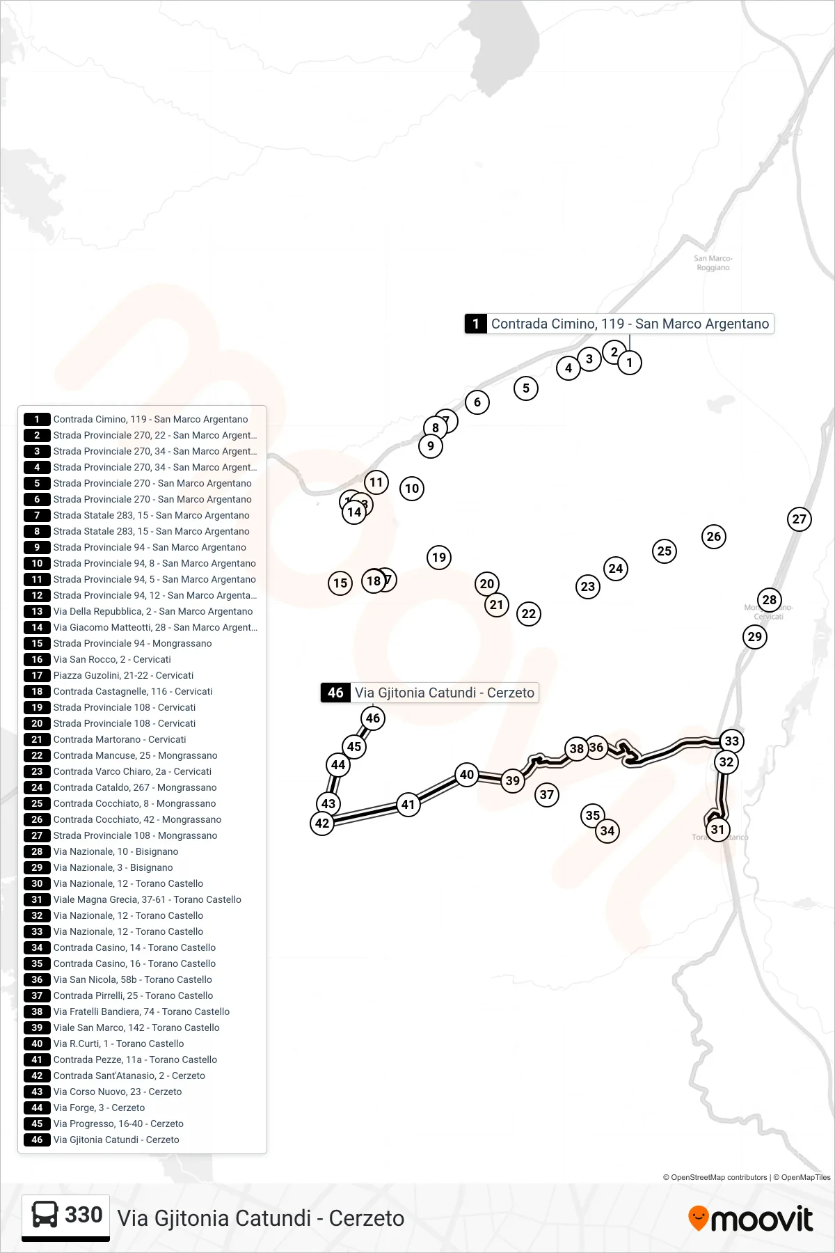 Linea 330  bus (Via Gjitonia Catundi - Cerzeto) - Percorsi e fermate sulla mappa