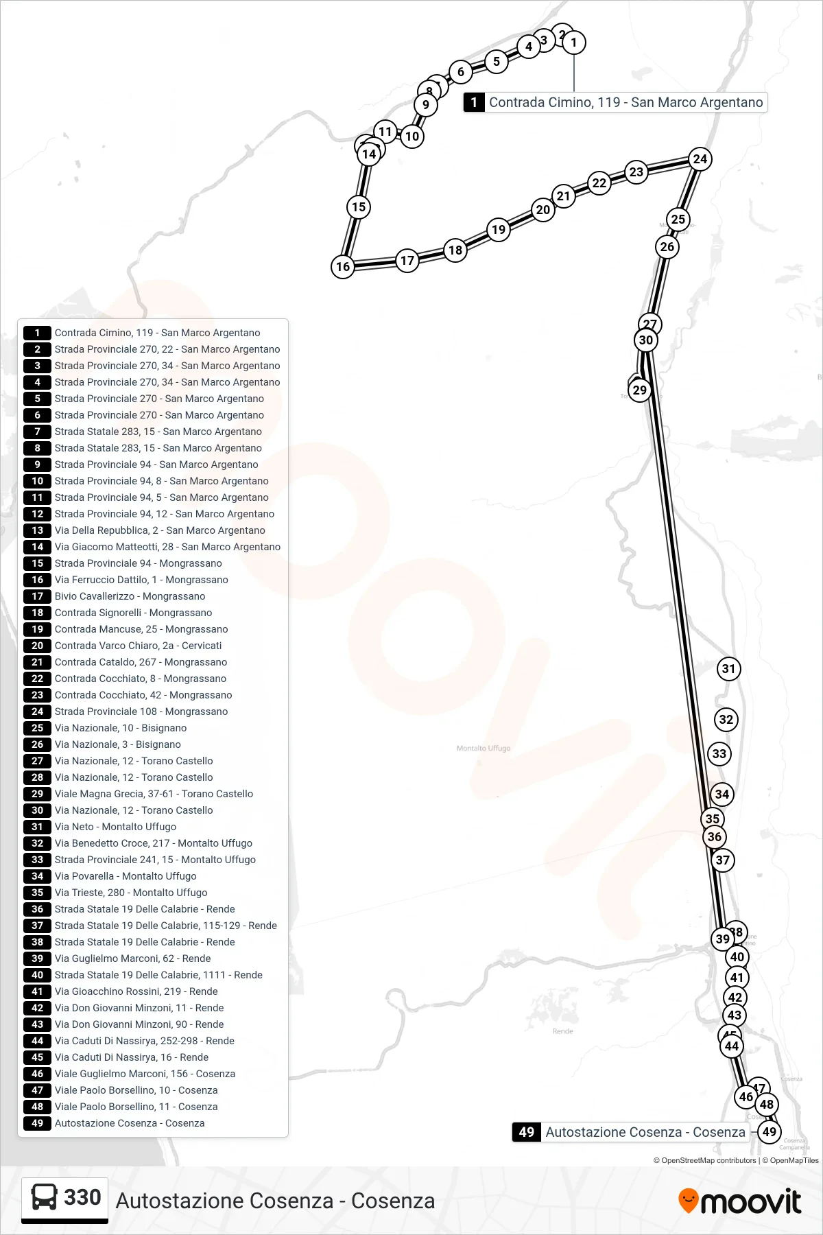 Linea 330  bus (Autostazione Cosenza - Cosenza) - Percorsi e fermate sulla mappa
