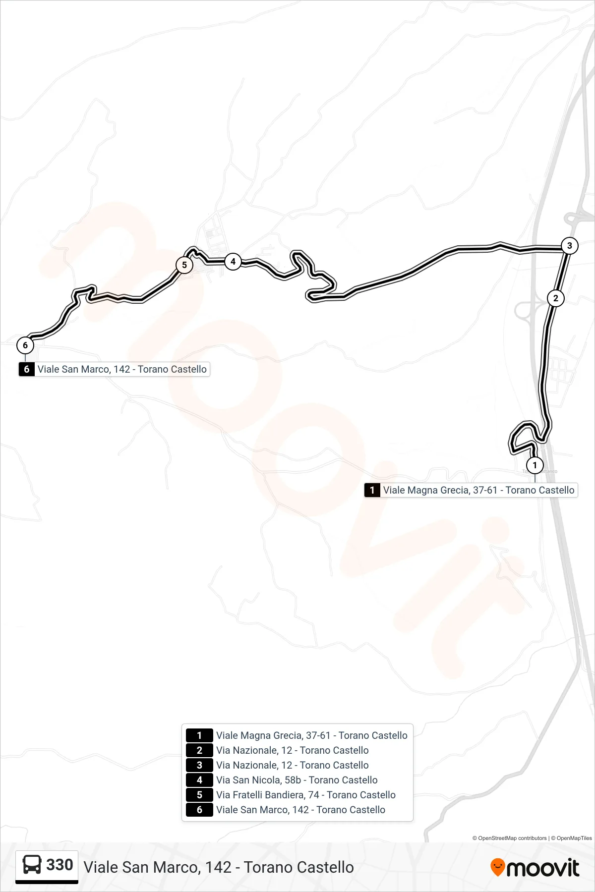 Linea 330  bus (Viale San Marco, 142 - Torano Castello) - Percorsi e fermate sulla mappa