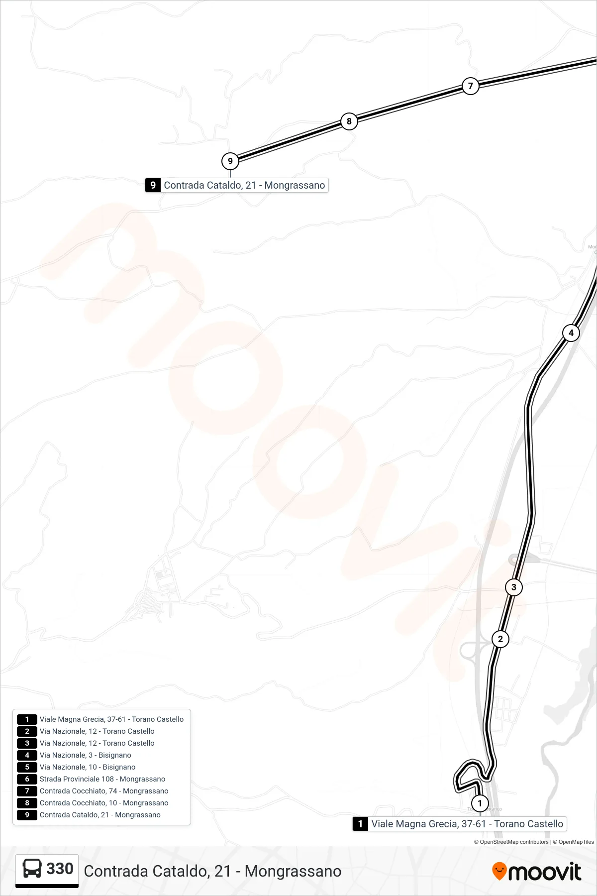 Linea 330 bus (Contrada Cataldo, 21 - Mongrassano) - Percorsi e fermate sulla mappa