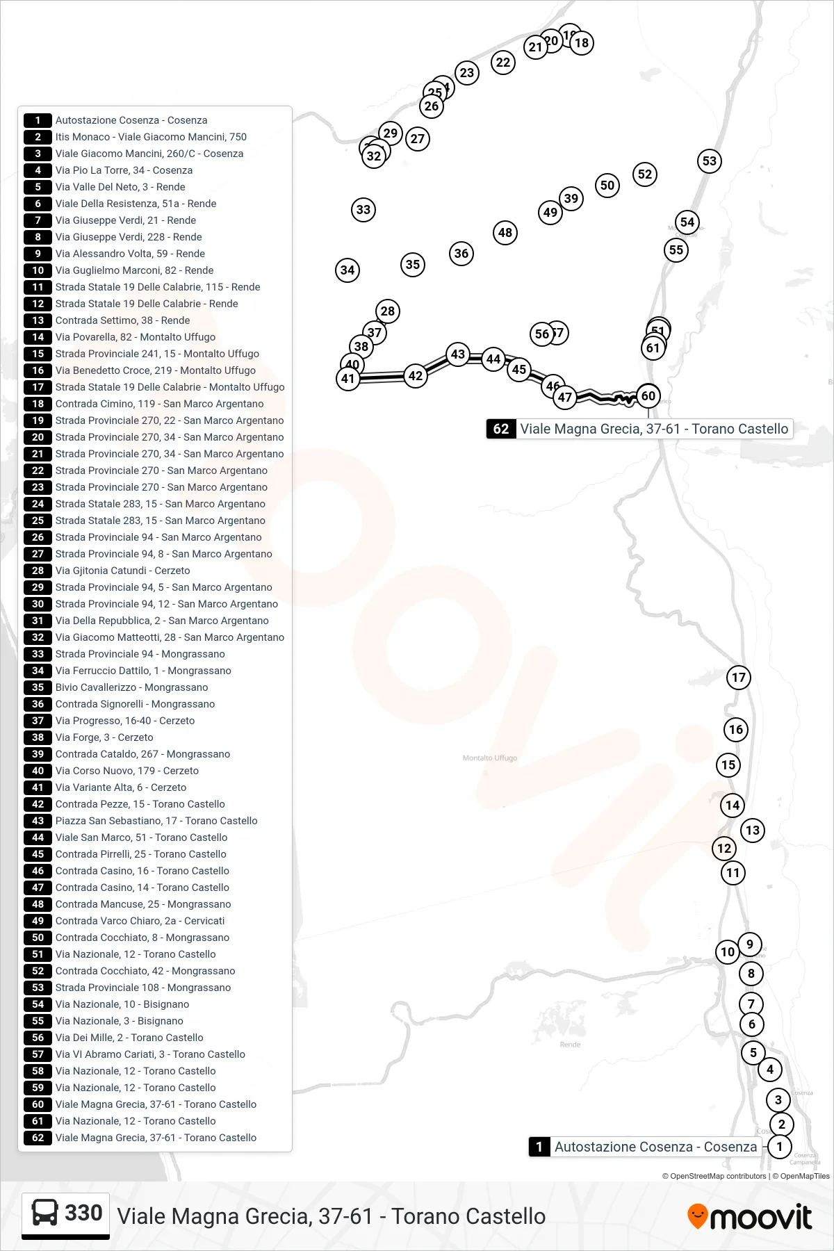 Linea 330  bus (Viale Magna Grecia, 37-61 - Torano Castello) - Percorsi e fermate sulla mappa