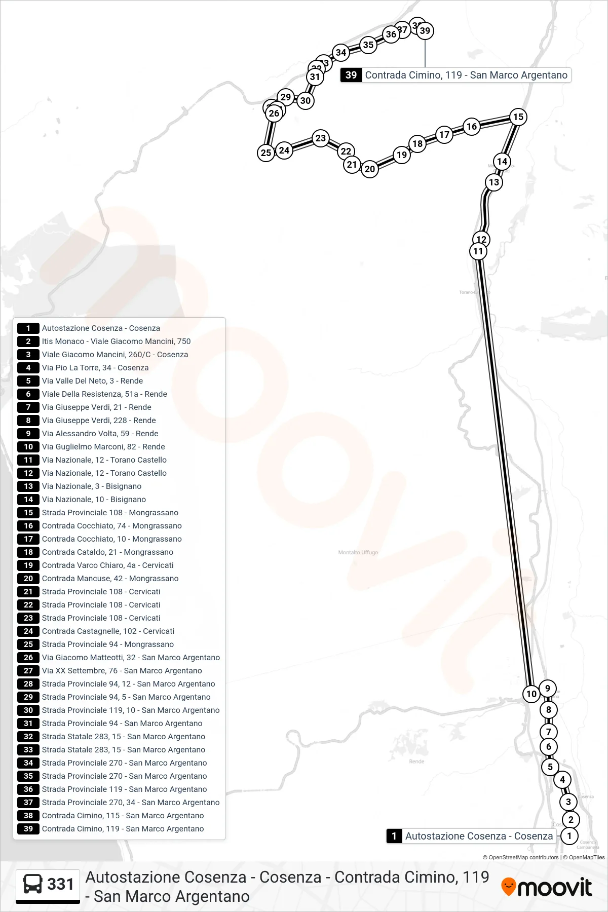 Linea 331  bus (Contrada Cimino, 119 - San Marco Argentano) - Percorsi e fermate sulla mappa