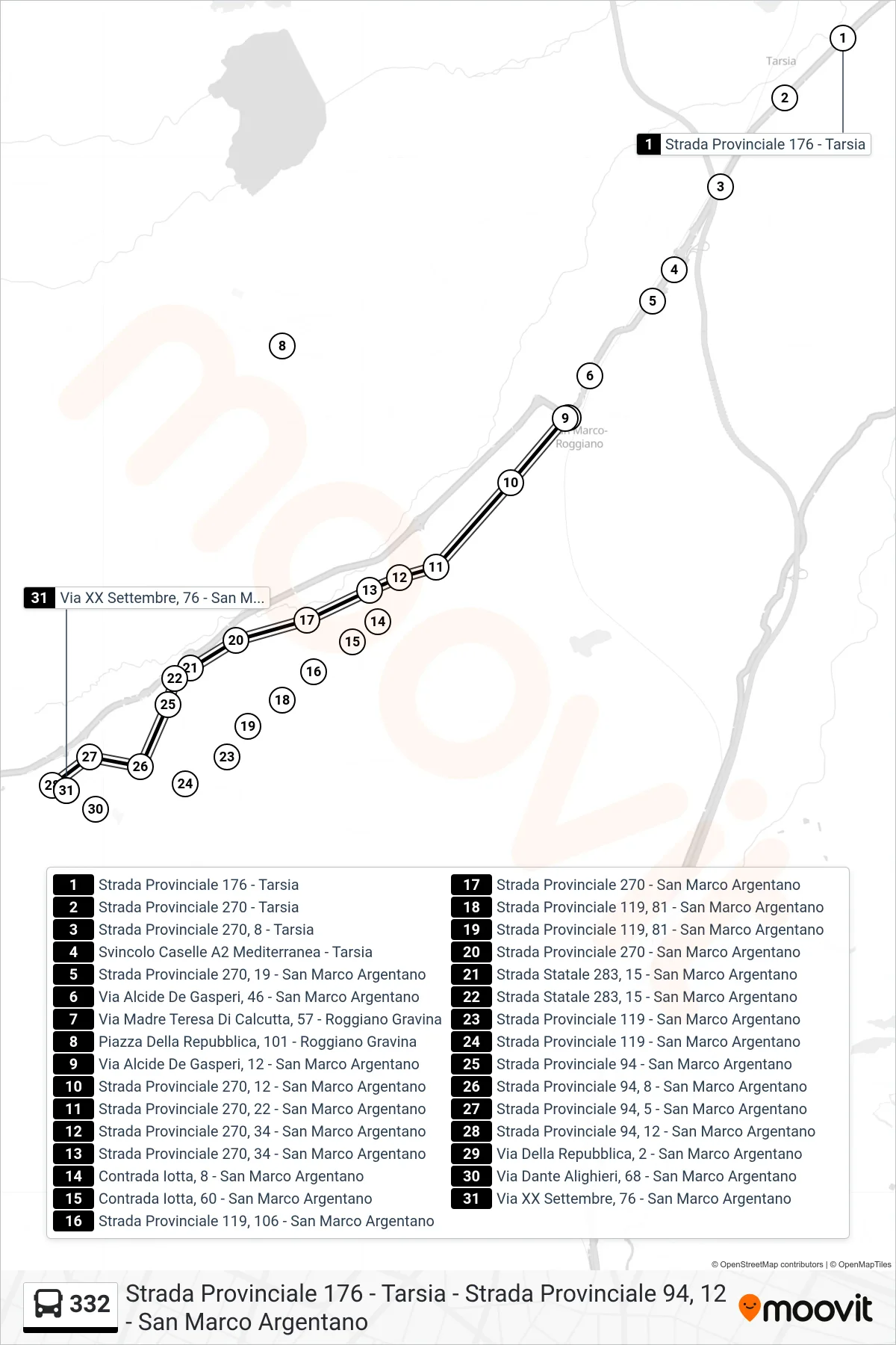 Linea 332  bus (Strada Provinciale 94, 12 - San Marco Argentano) - Percorsi e fermate sulla mappa