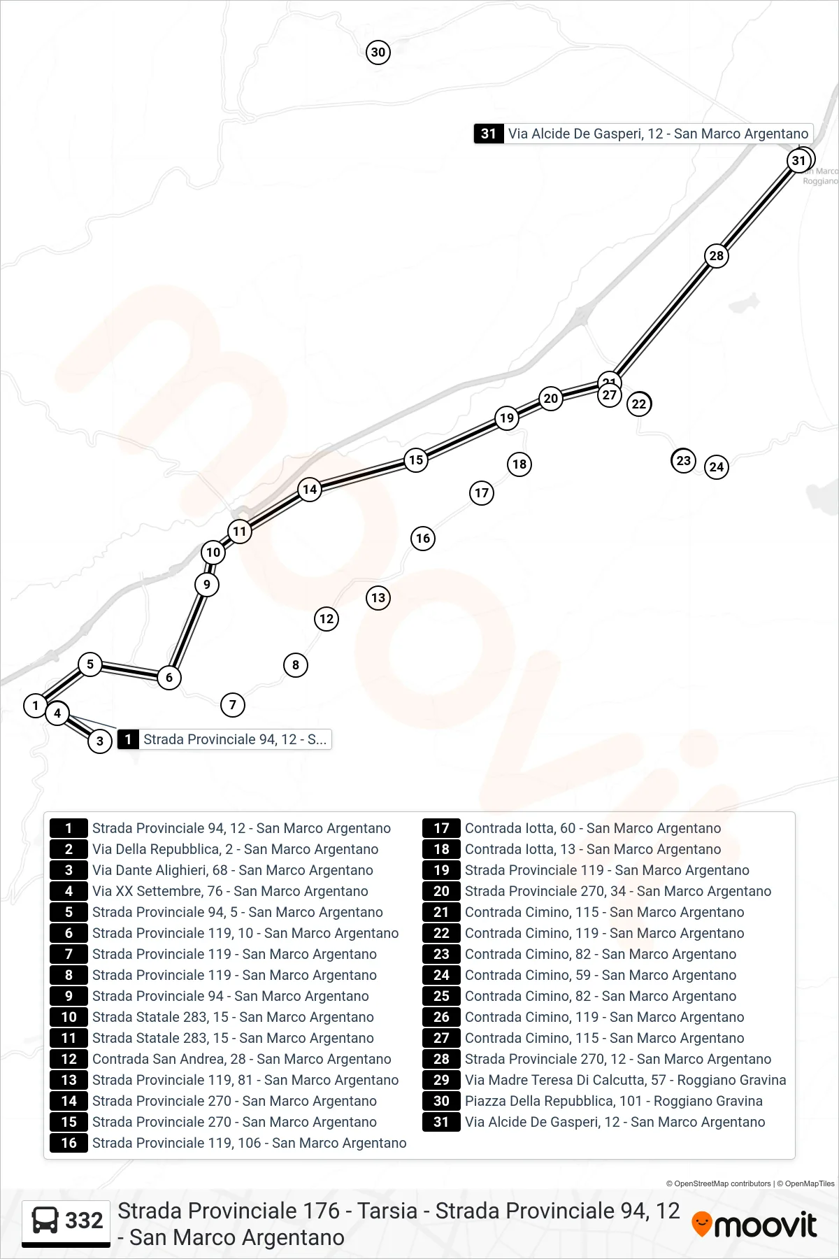 Linea 332  bus (Via Alcide De Gasperi, 12 - San Marco Argentano) - Percorsi e fermate sulla mappa