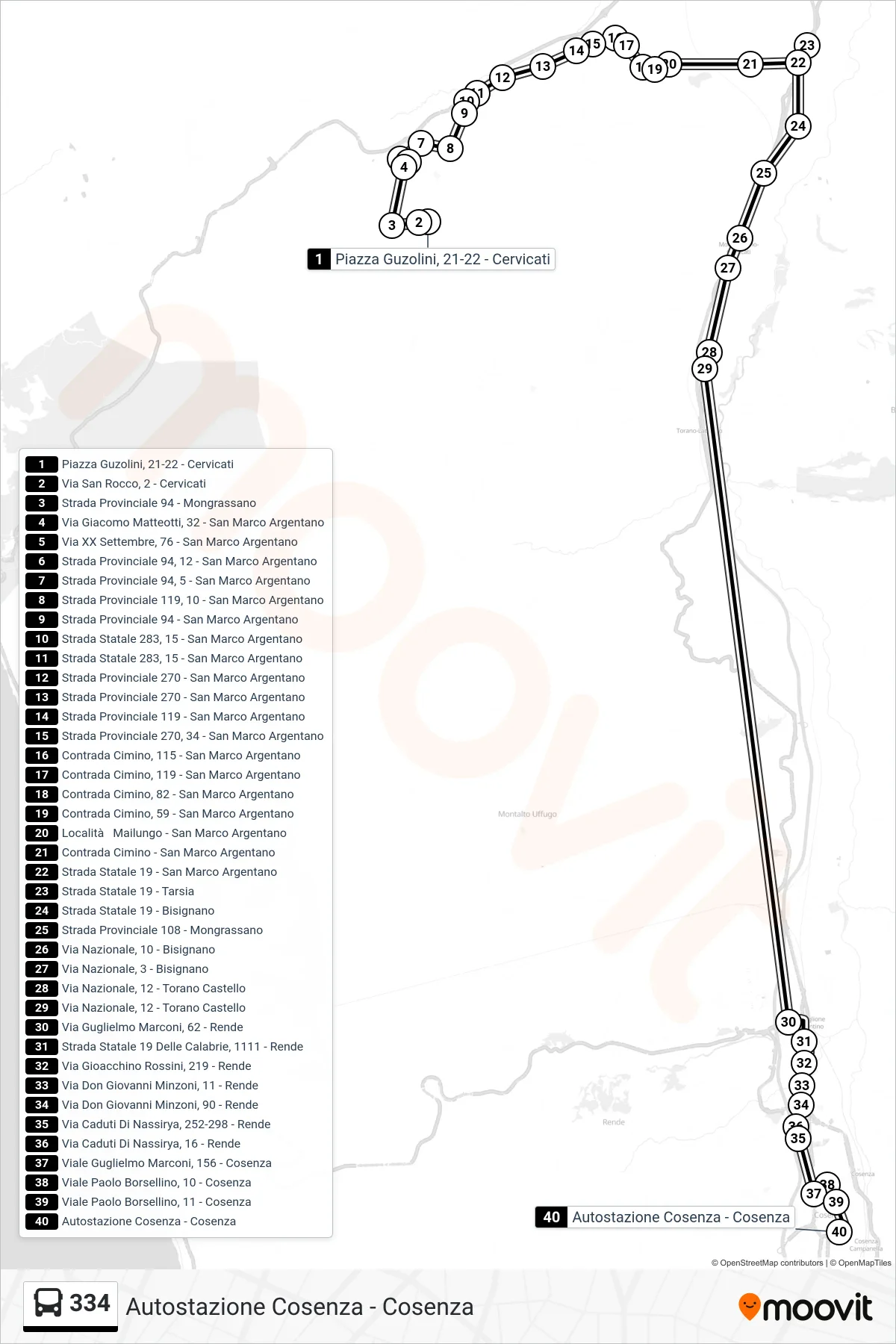 Linea 334 bus (Autostazione Cosenza - Cosenza) - Percorsi e fermate sulla mappa
