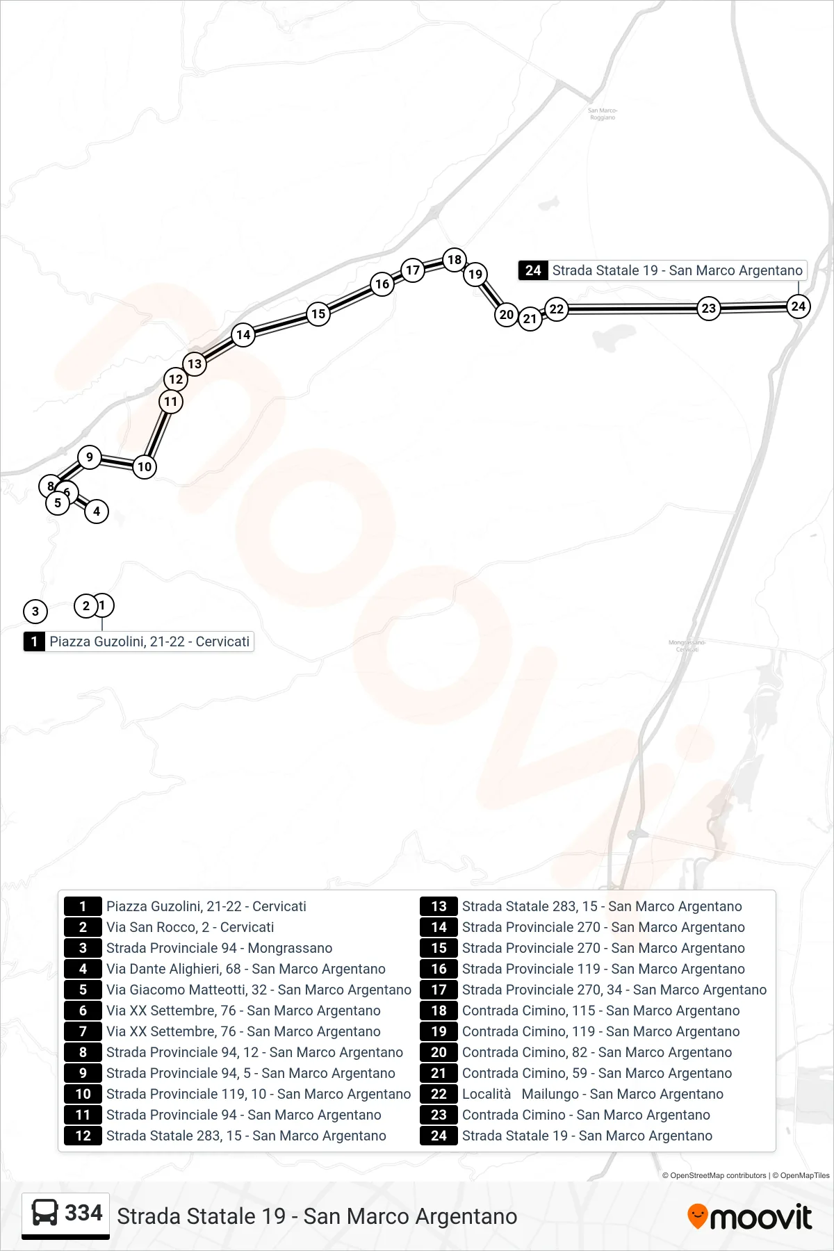 Linea 334  bus (Strada Statale 19 - San Marco Argentano) - Percorsi e fermate sulla mappa