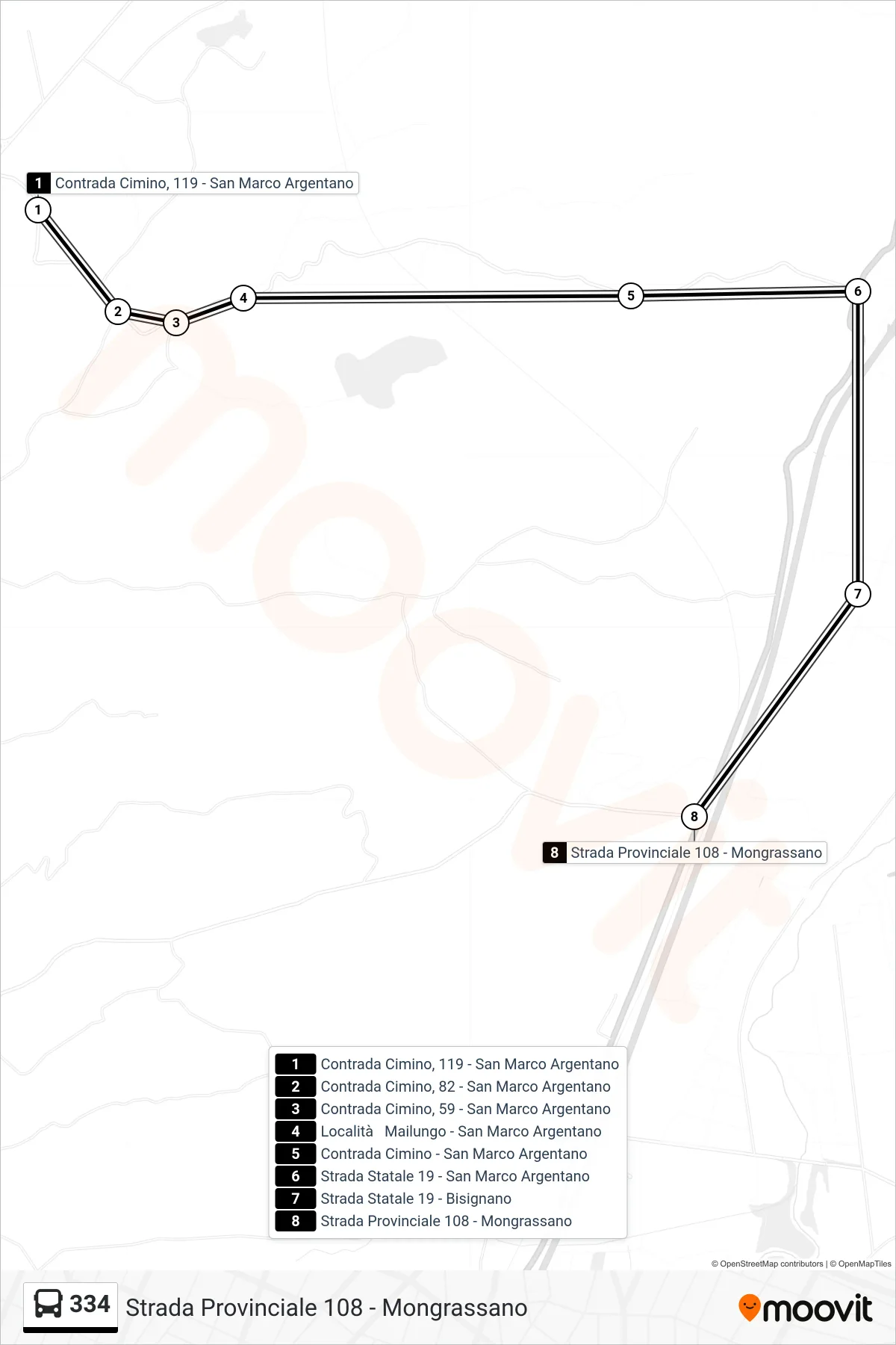 Linea 334 bus (Strada Provinciale 108 - Mongrassano) - Percorsi e fermate sulla mappa