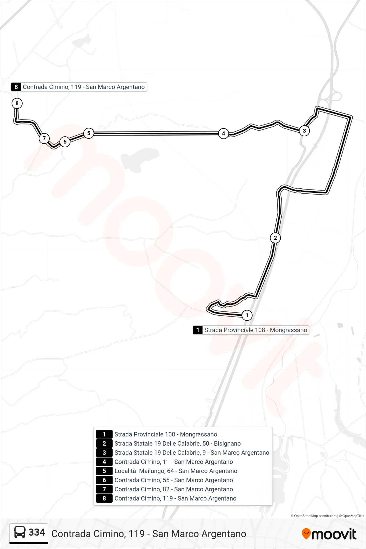 Linea 334 bus (Contrada Cimino, 119 - San Marco Argentano) - Percorsi e fermate sulla mappa