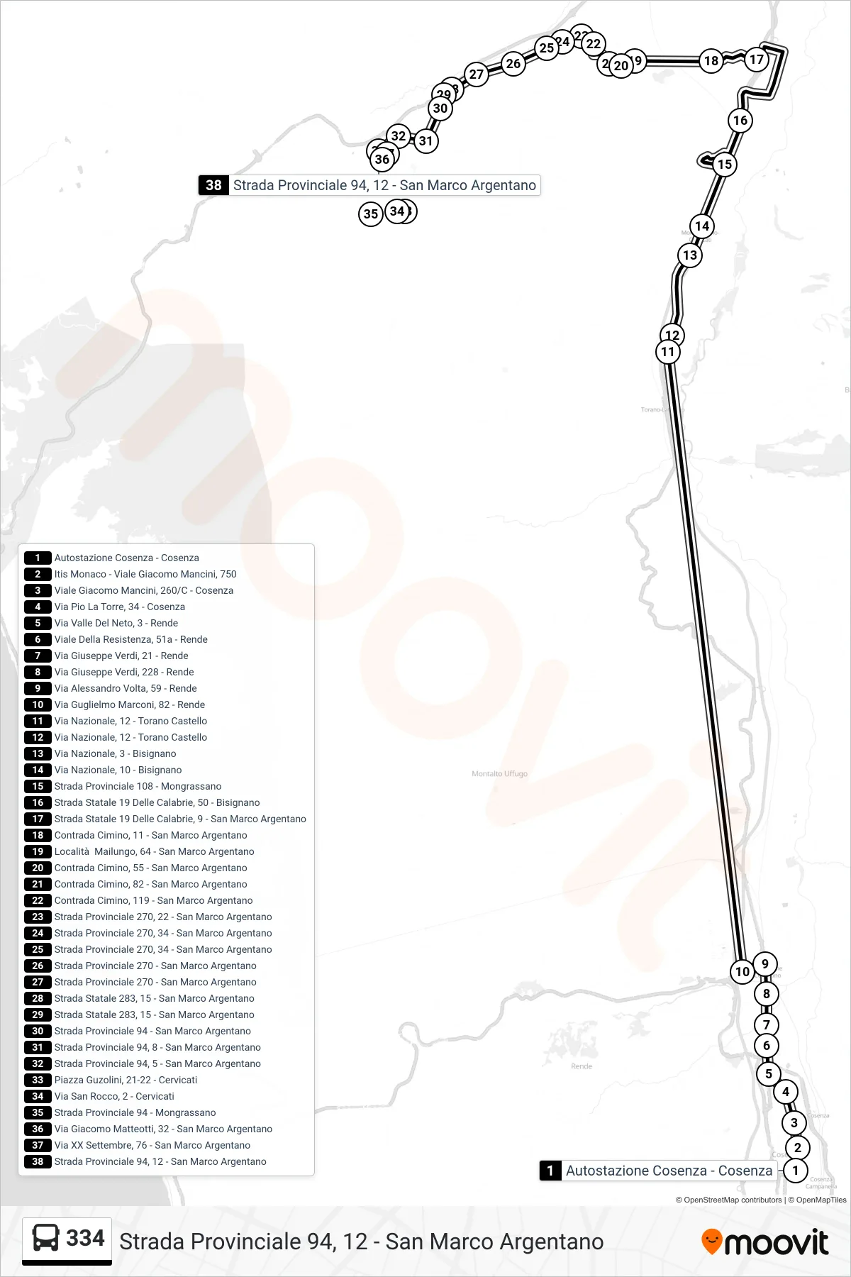 Linea 334  bus (Strada Provinciale 94, 12 - San Marco Argentano) - Percorsi e fermate sulla mappa