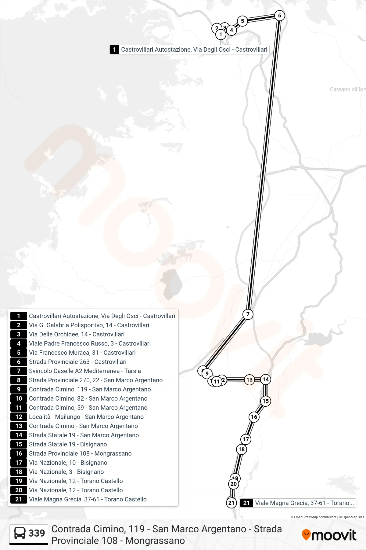 Linea 339  bus (Viale Magna Grecia, 37-61 - Torano Castello) - Percorsi e fermate sulla mappa