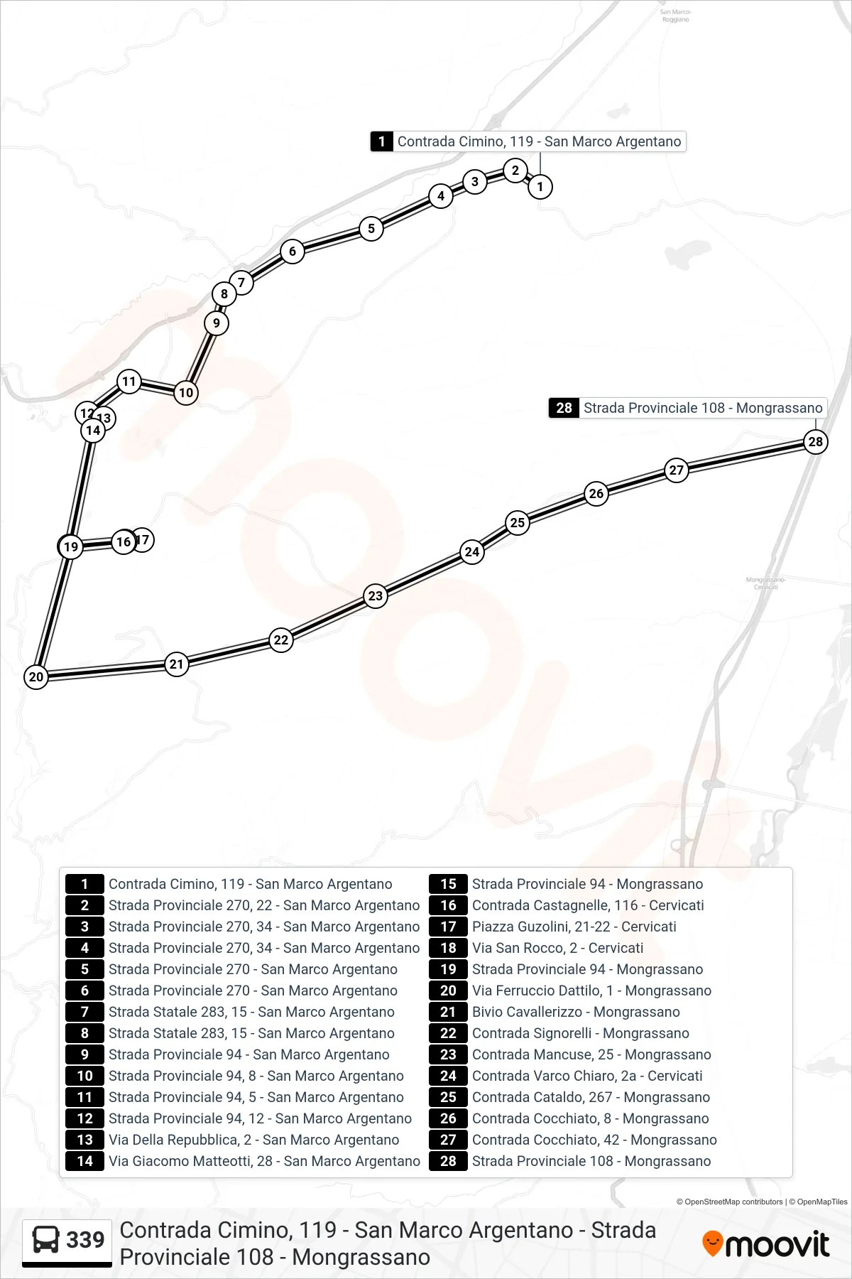 Linea 339 bus (Strada Provinciale 108 - Mongrassano) - Percorsi e fermate sulla mappa