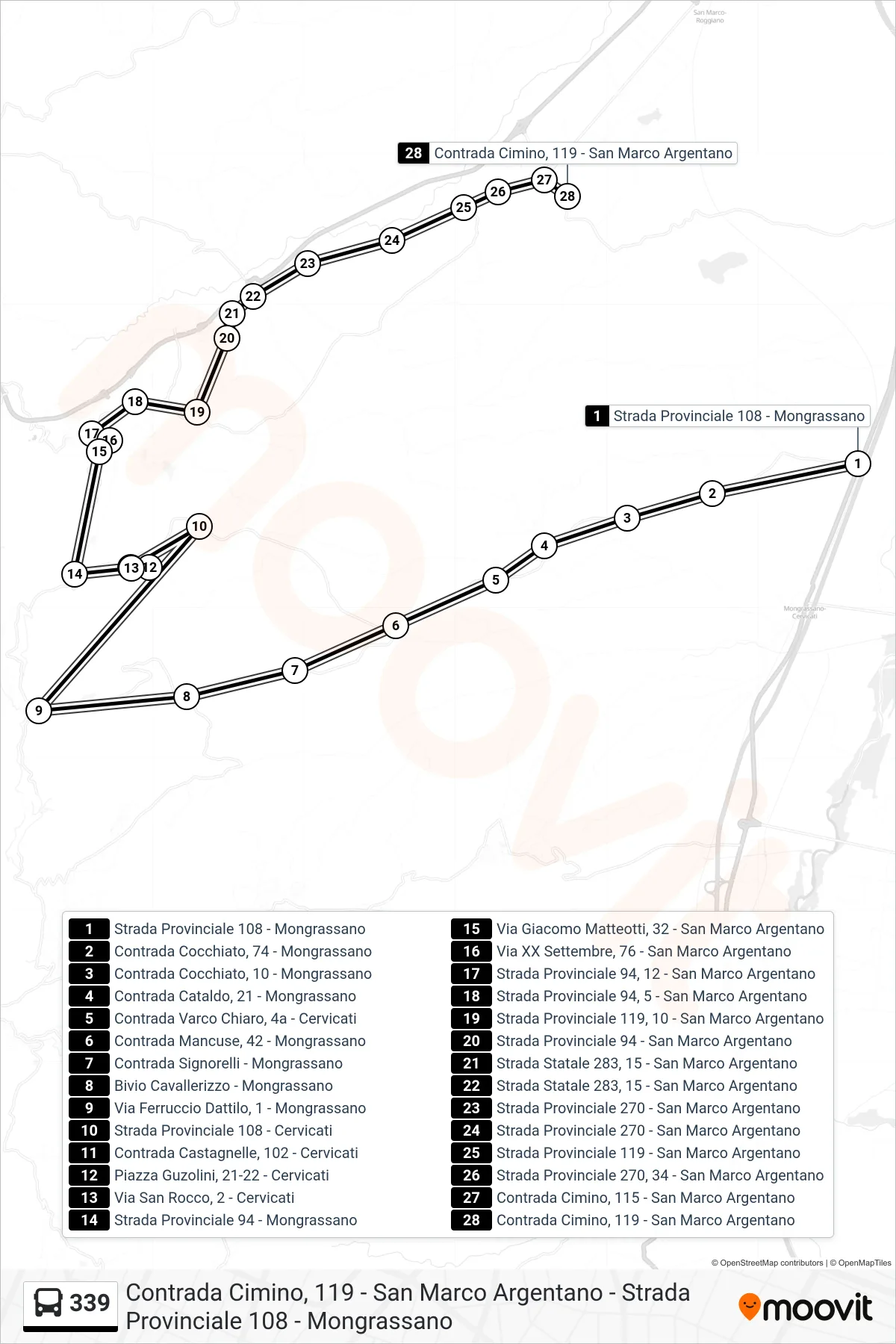 Linea 339  bus (Contrada Cimino, 119 - San Marco Argentano) - Percorsi e fermate sulla mappa