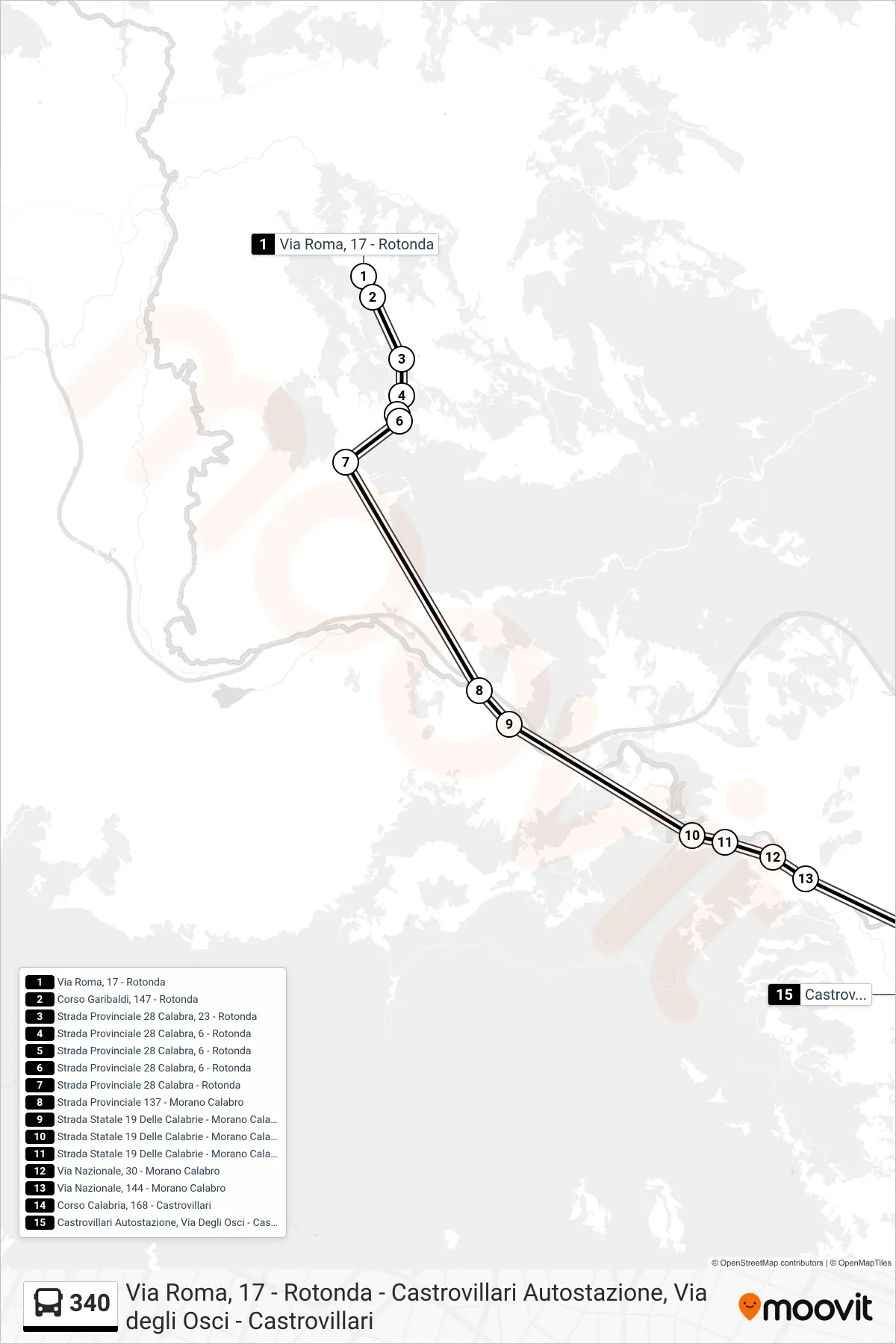 Linea 340 bus (Castrovillari Autostazione, Via Degli Osci - Castrovillari) - Percorsi e fermate sulla mappa