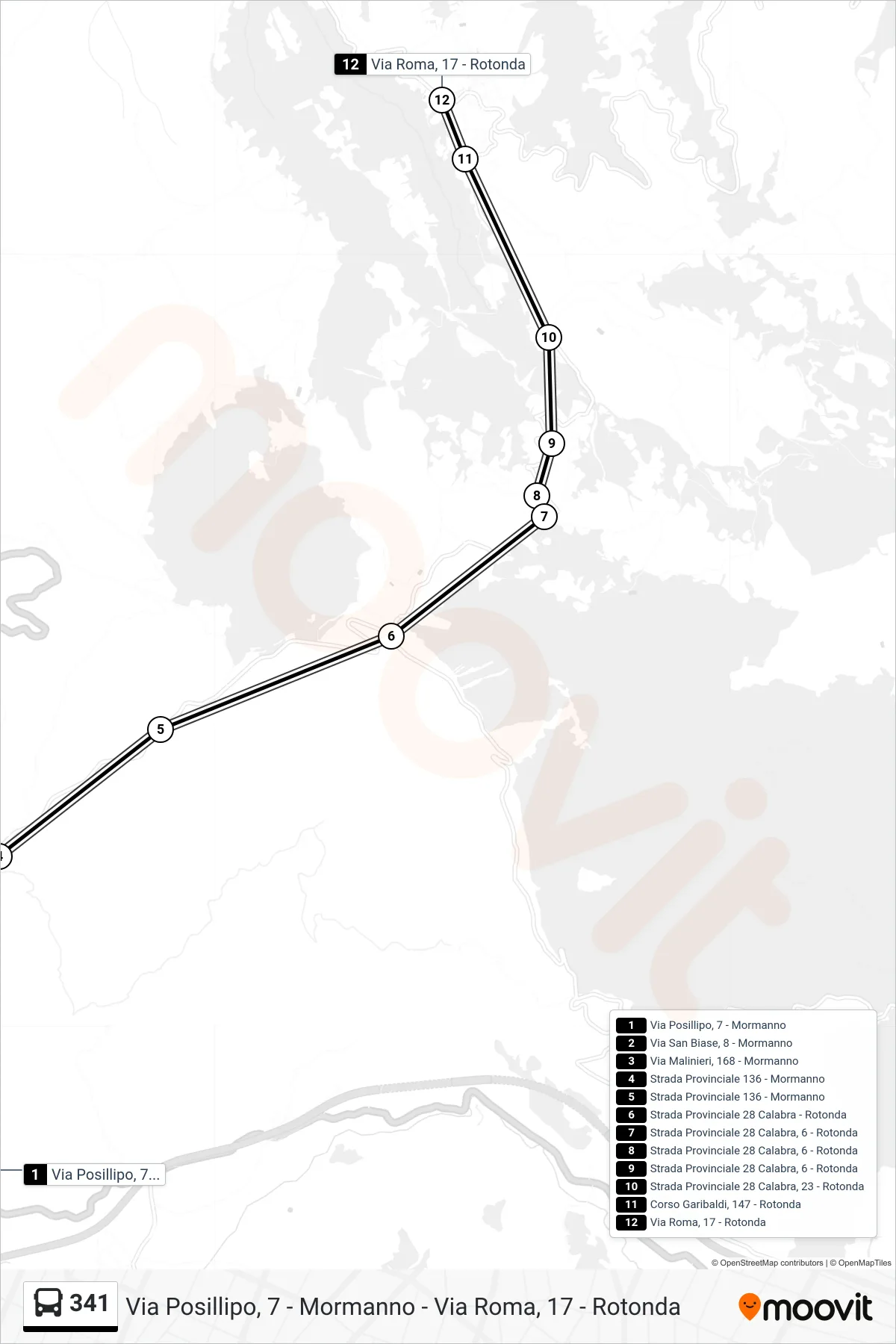 Linea 341  bus (Via Roma, 17 - Rotonda) - Percorsi e fermate sulla mappa